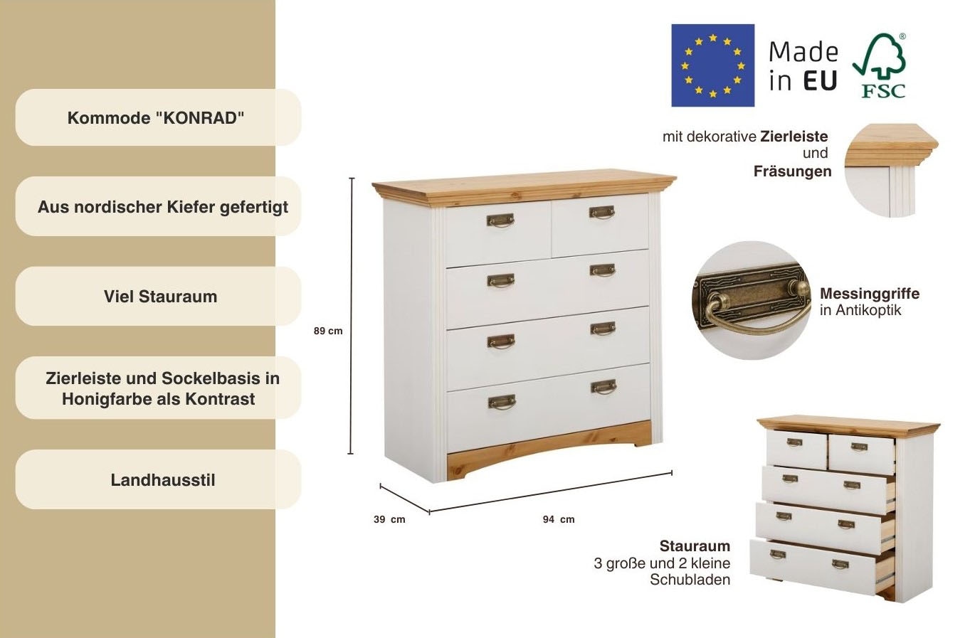 Home affaire Schubkastenkommode »Konrad«, Breite 94 cm, aus massiver, FSC®-zertifizierter Kiefer