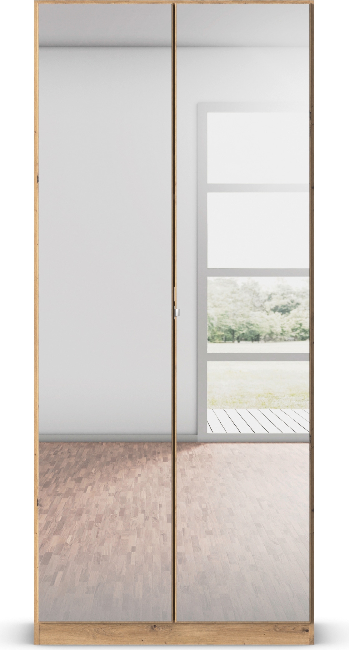 rauch Drehtürenschrank »Reflect«, mit Spiegelfront, inkl. praktischer Inneneinteilung und Stoffboxen-Set