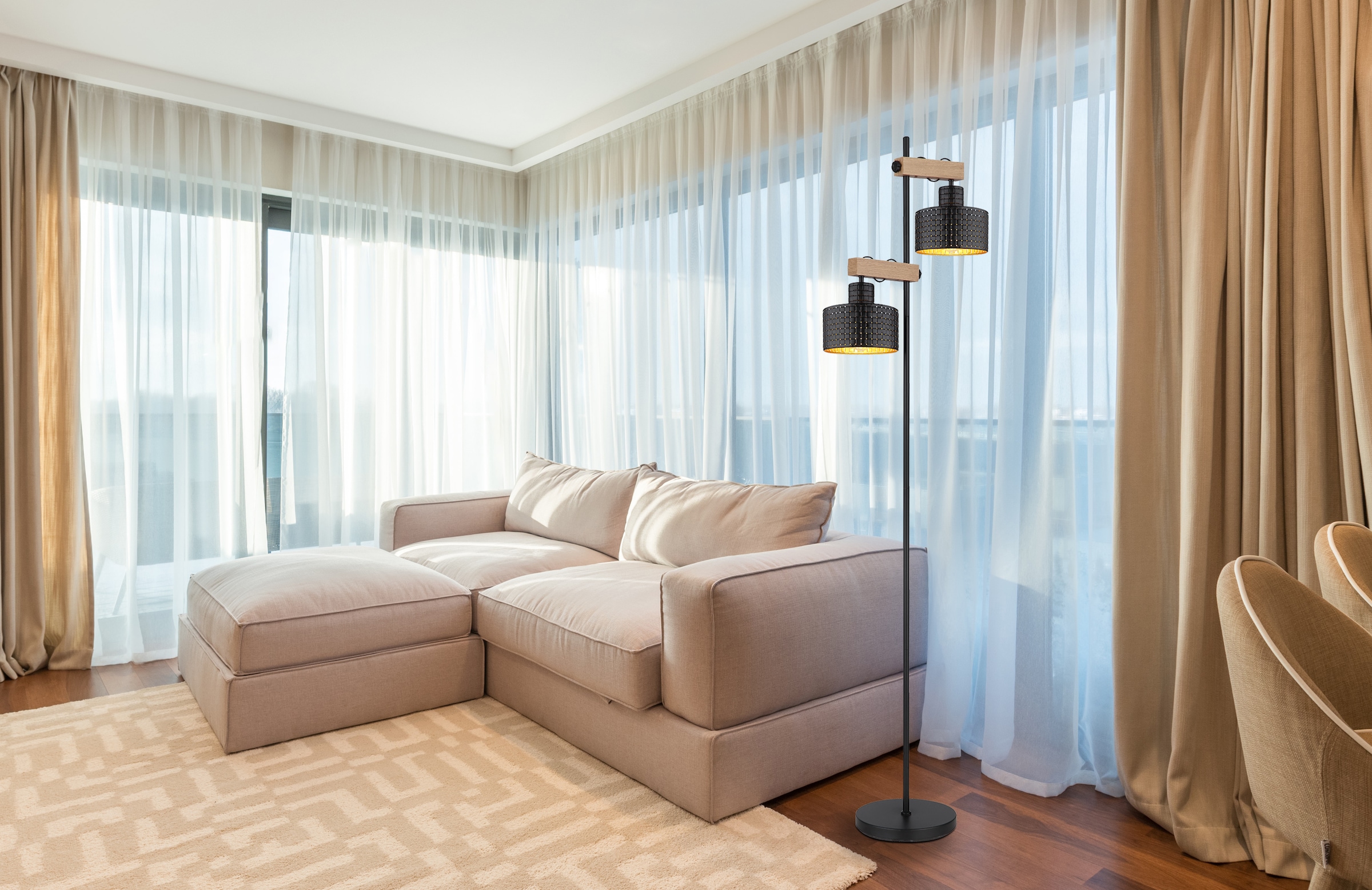 GLOBO LIGHTING Stehlampe »RIELLY«, Leuchtmittel E27 | ohne Leuchtmittel, Stehleuchte/Holz/Metall/goldfarben/höhenverstellbar
