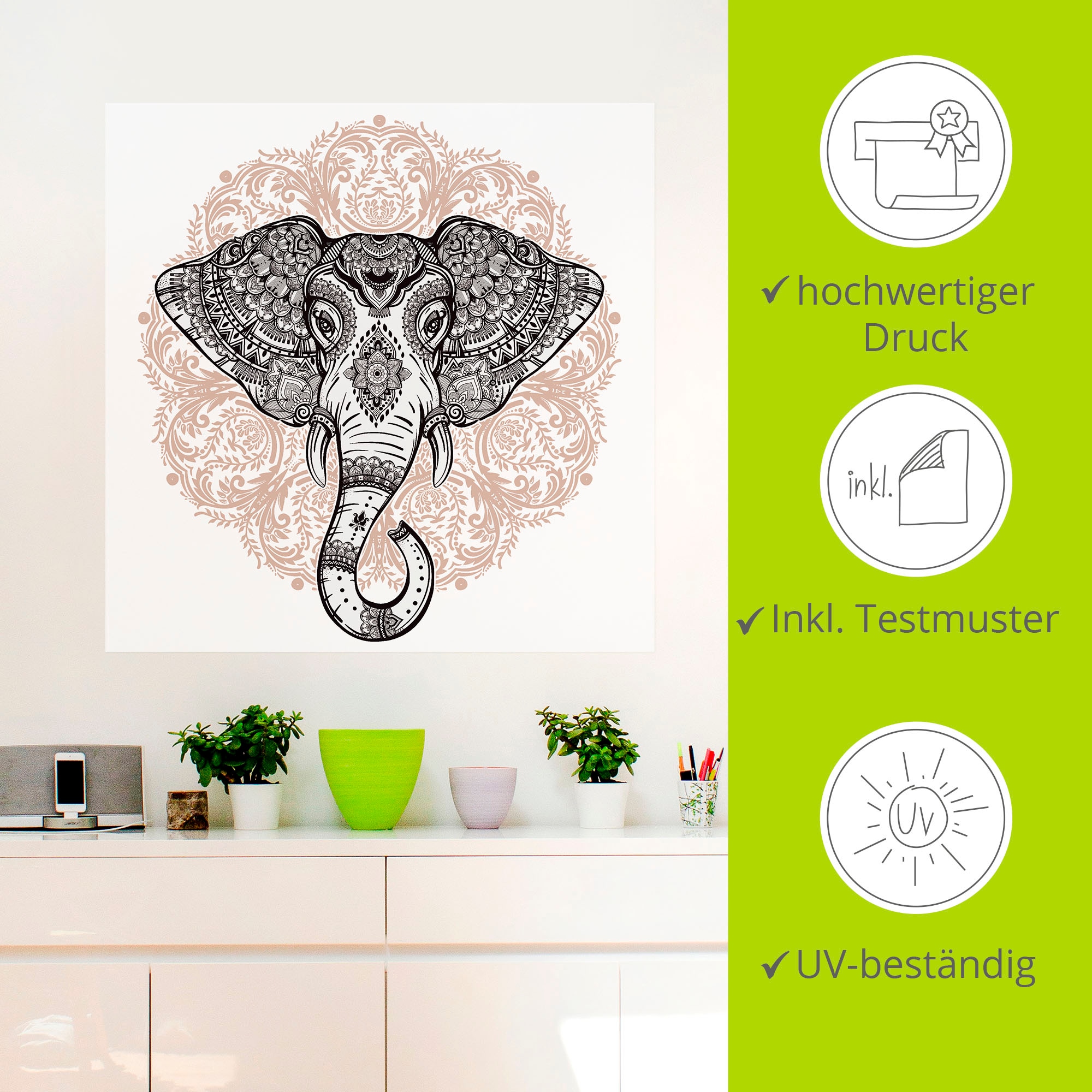 Artland Wandbild »Vintage Mandala Elefant«, Wildtiere, (1 St.), als Leinwandbild, Poster, Wandaufkleber in verschied. Größen