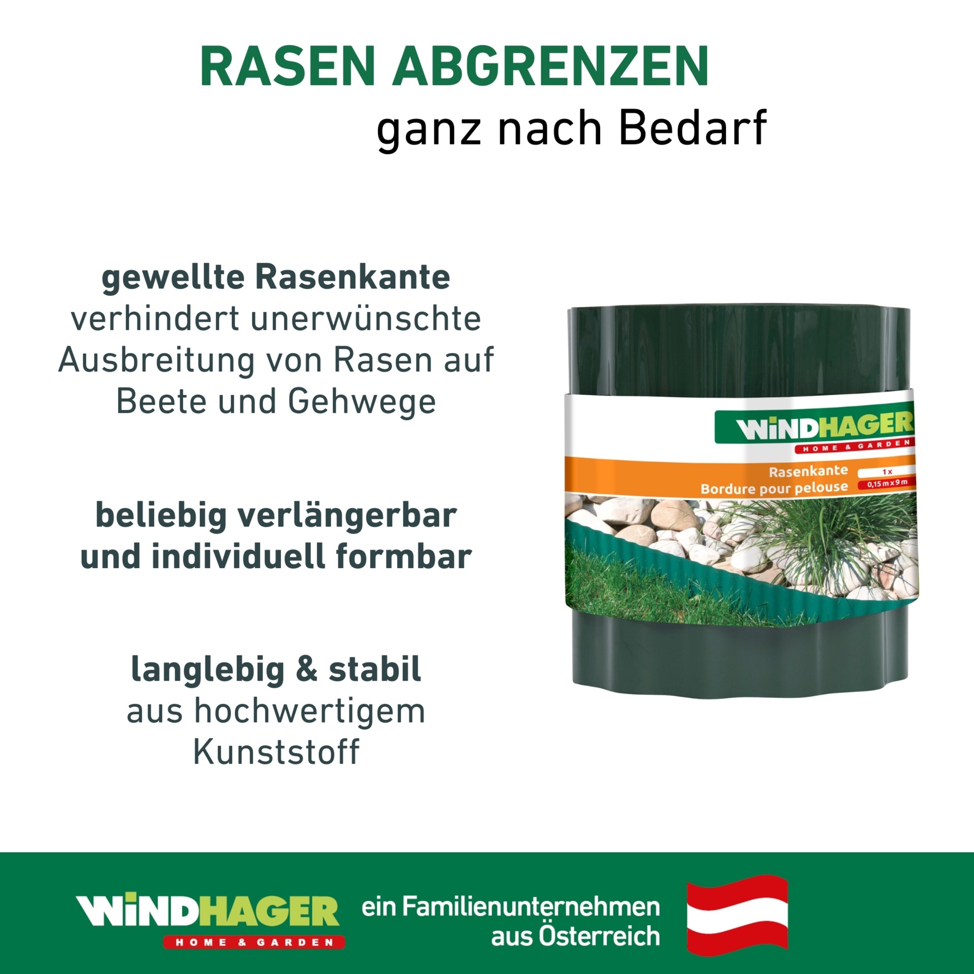 Windhager Rasenkante »zur Einfassung von Rasenflächen, grün« robuste Beeteinfassung, erhältlich in 15 cm x 9 m oder 20 cm x 9 m