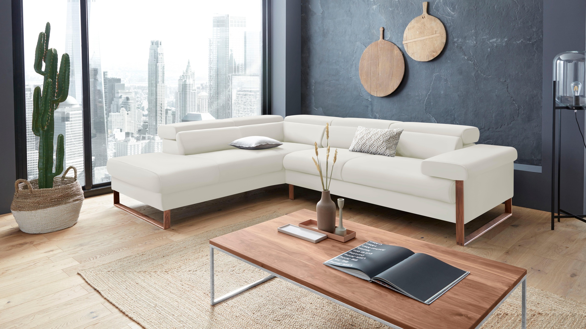 W.SCHILLIG Ecksofa »finn, Designsofa mit tollem Sitzkomfort, bequem, L-Form«, German Design Award 2016, Fußgestell Nussbaum natur, Breite 281 cm