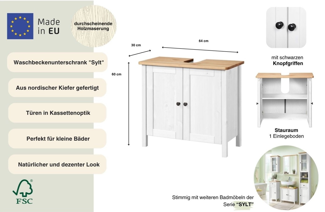 welltime Waschbeckenunterschrank »Sylt« Badmöbel im Landhaus-Stil, Breite 64 cm, aus Massivholz