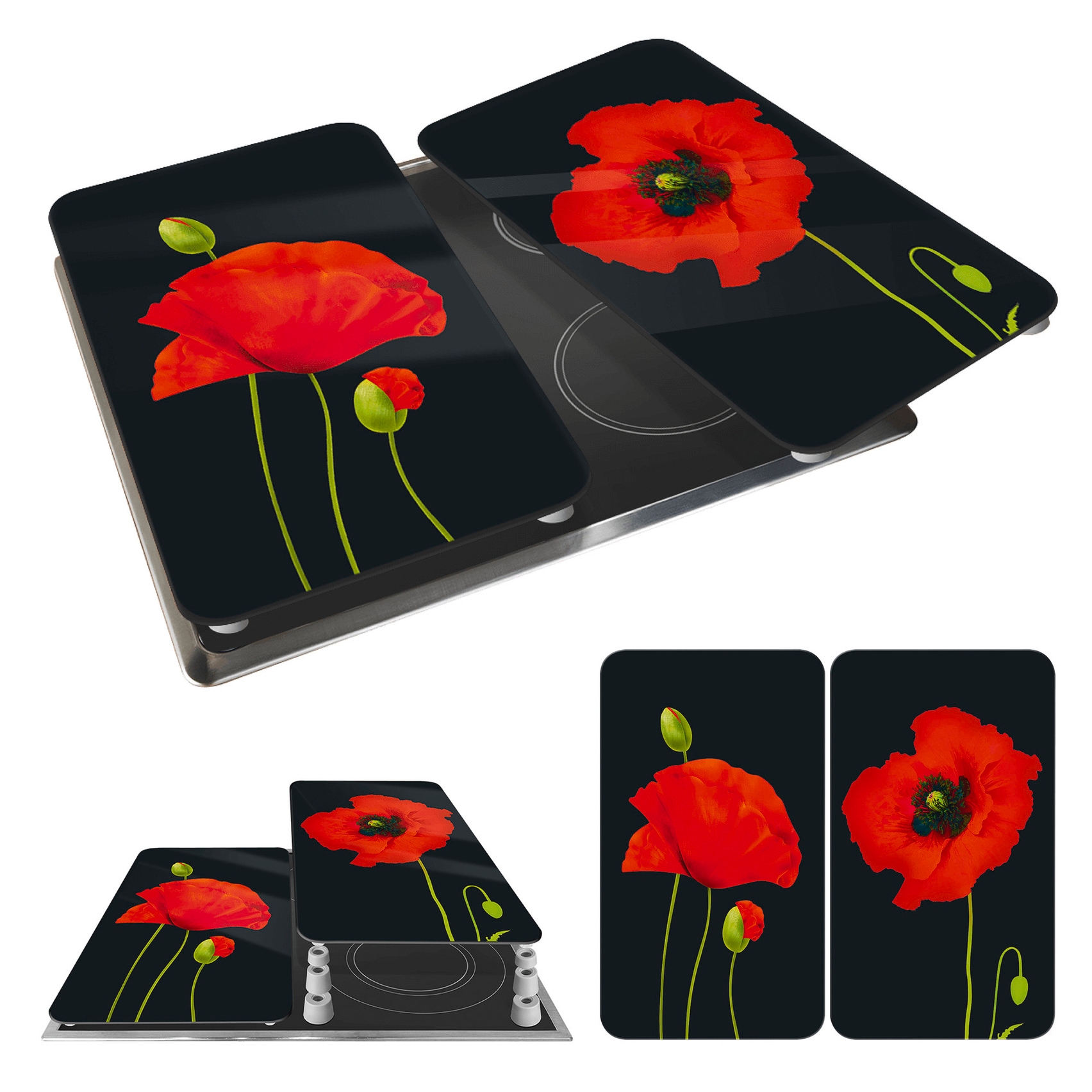 WENKO Herd-Abdeckplatte »Universal Modell Mohn«, (Set, 2 tlg.), Herdabdeckung für alle Herdarten, kratzfest, mit rutschfesten Füßen