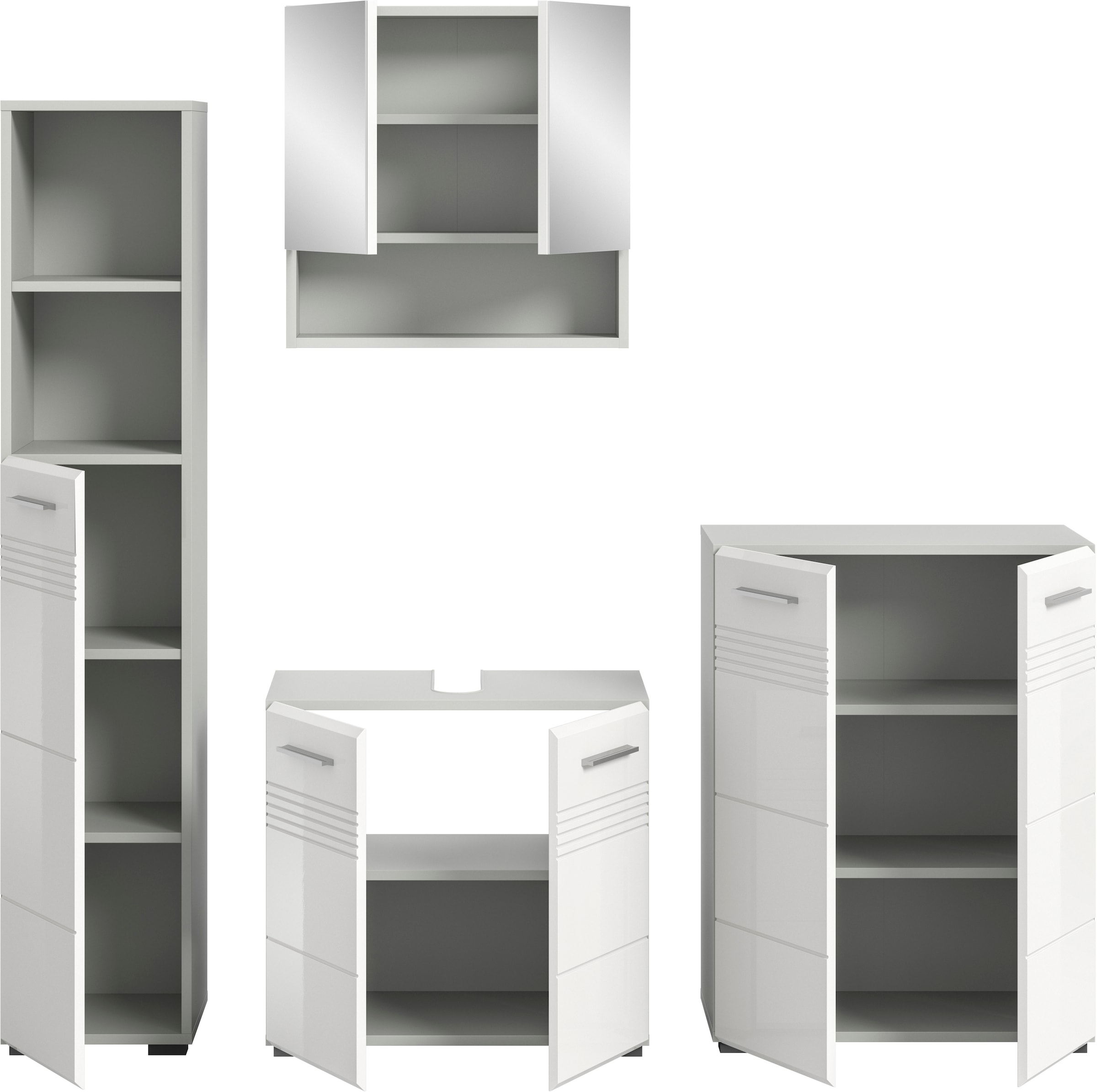 welltime Badmöbel-Set »Calicio, bestehend aus: Hochschrank, Waschbeckenunterschrank,«, (4 St.), Spiegelschrank, Midischrank, hochwertige MDF Front mit Rillenfräsung