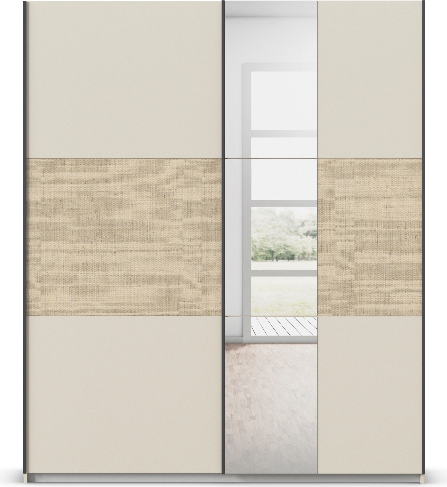 rauch Schwebetürenschrank »Senja«, mit Spiegel und Bauchbinde in angesagter Rattan-Optik