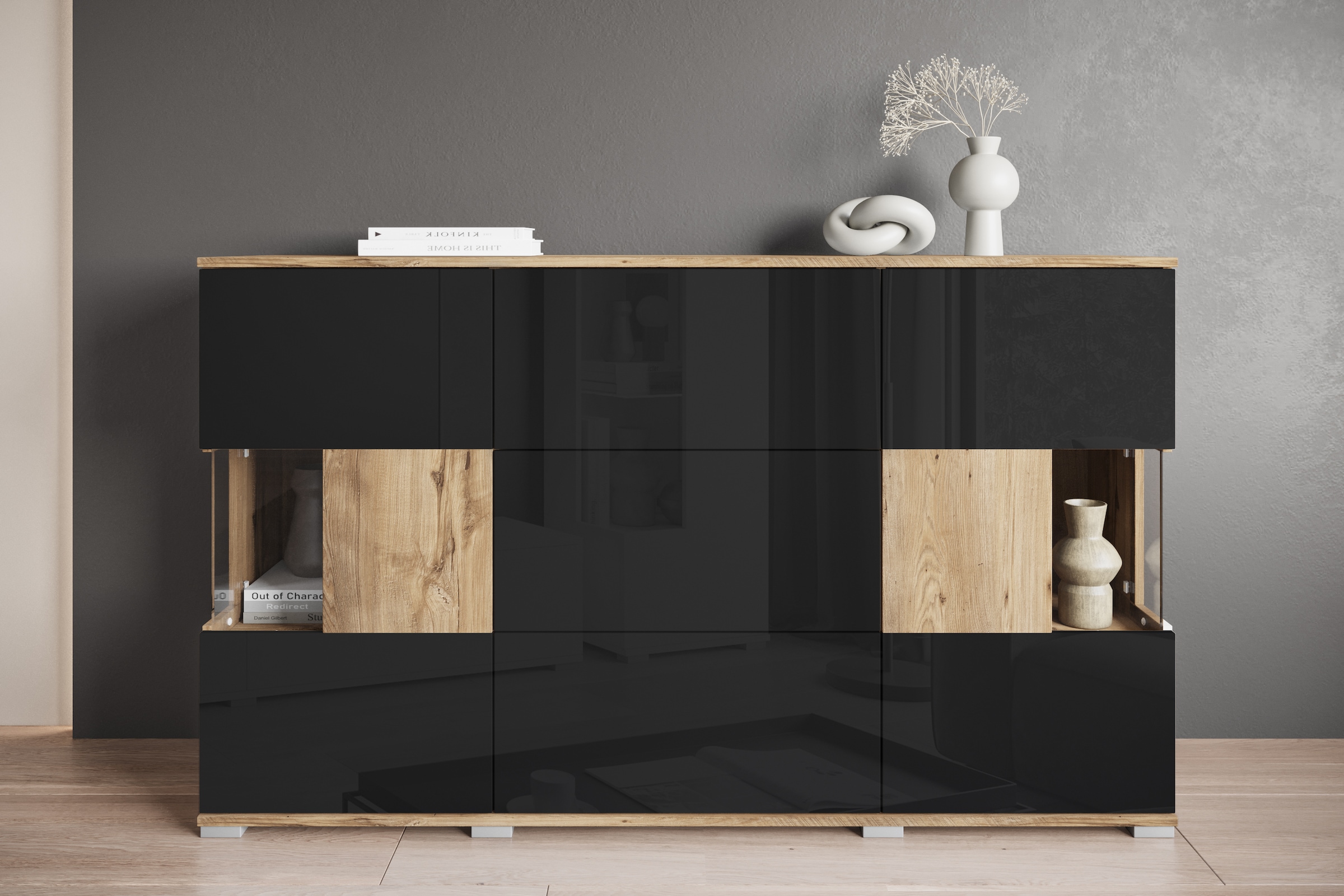 INOSIGN Sideboard »Kenia«, (1 St.), Sideboard mit 3 Schubladen, 6 Fächern, Glastüren, Breite 150 cm