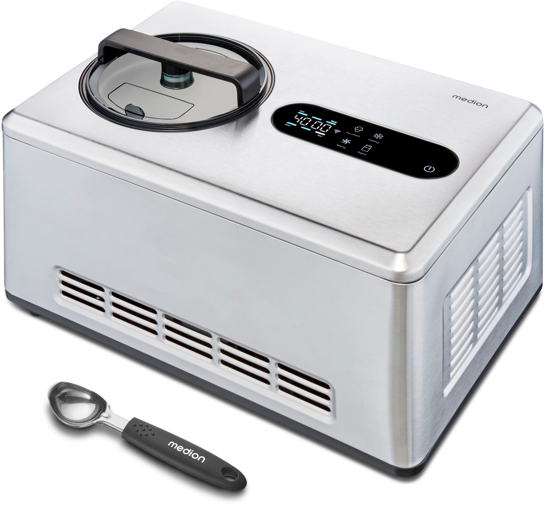 Medion® Eismaschine »MD 12170, 2 L Kapazität, integrierter Kompressor, Smartphonesteuerung«, 220 W, Herausnehmbarer Edelstahl-Eisbehälter, Sensor-Touch-LED-Display