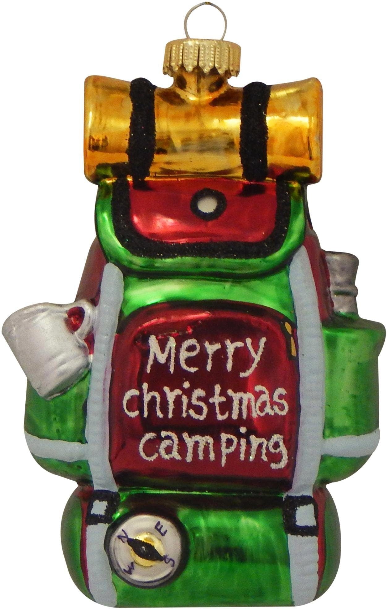 Krebs Glas Lauscha Christbaumschmuck »Camping-Rucksack frohe Weihnachten, Weihnachtsdeko, Christbaumschmuck«, (1 tlg.), mundgeblasen