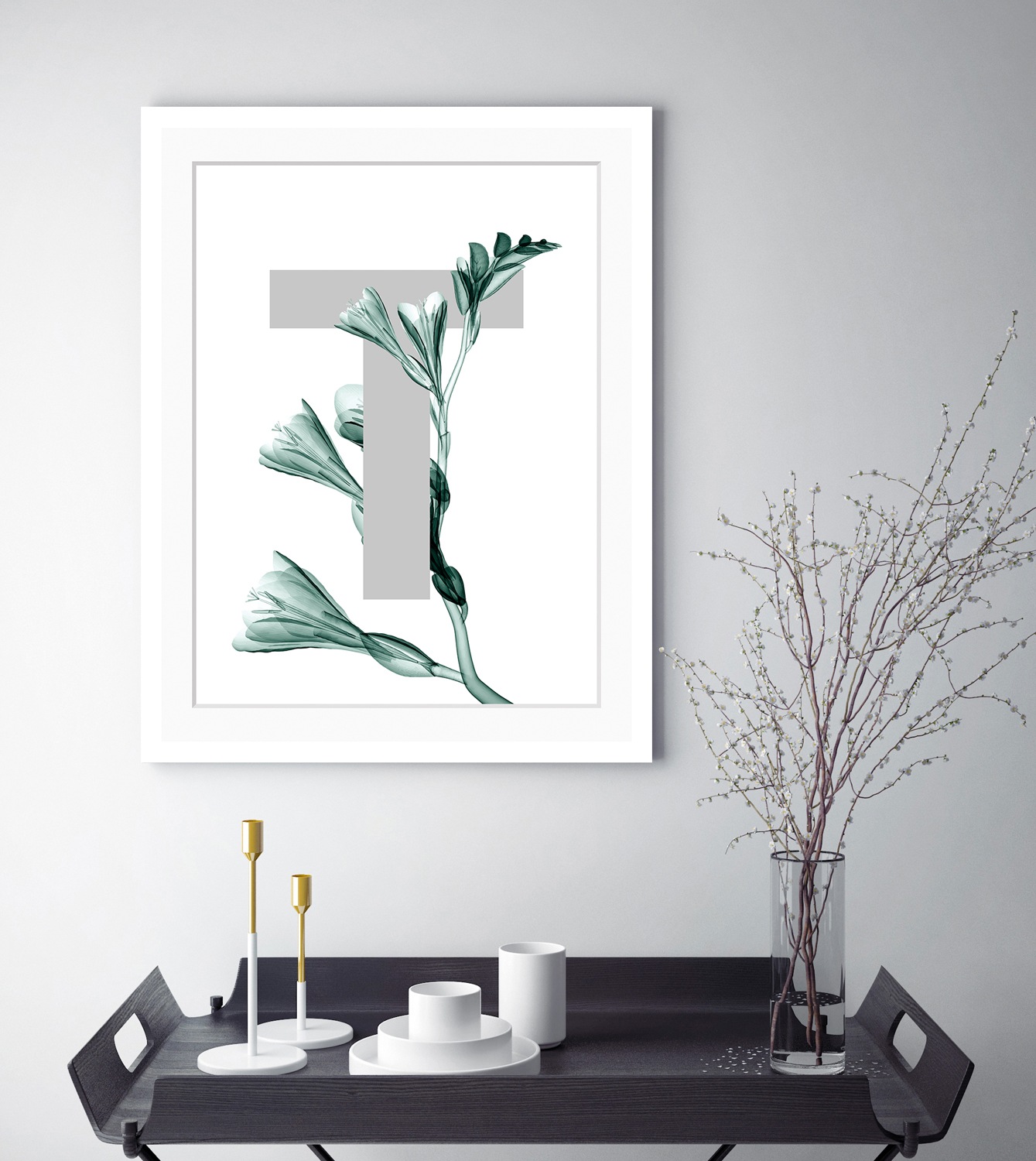 queence Bild »T-Flower«, Buchstaben, gerahmt, Blume, Blätter