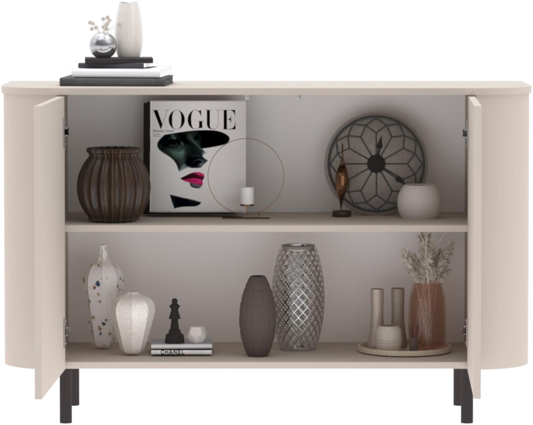 INOSIGN Sideboard »Lido, 131 cm breit, 2 Türen, Anrichte, Kommode, Stauraumschrank« Formgebogenes MDF, Stirnseiten mit Rundung, Push-to-open, Metallfüße