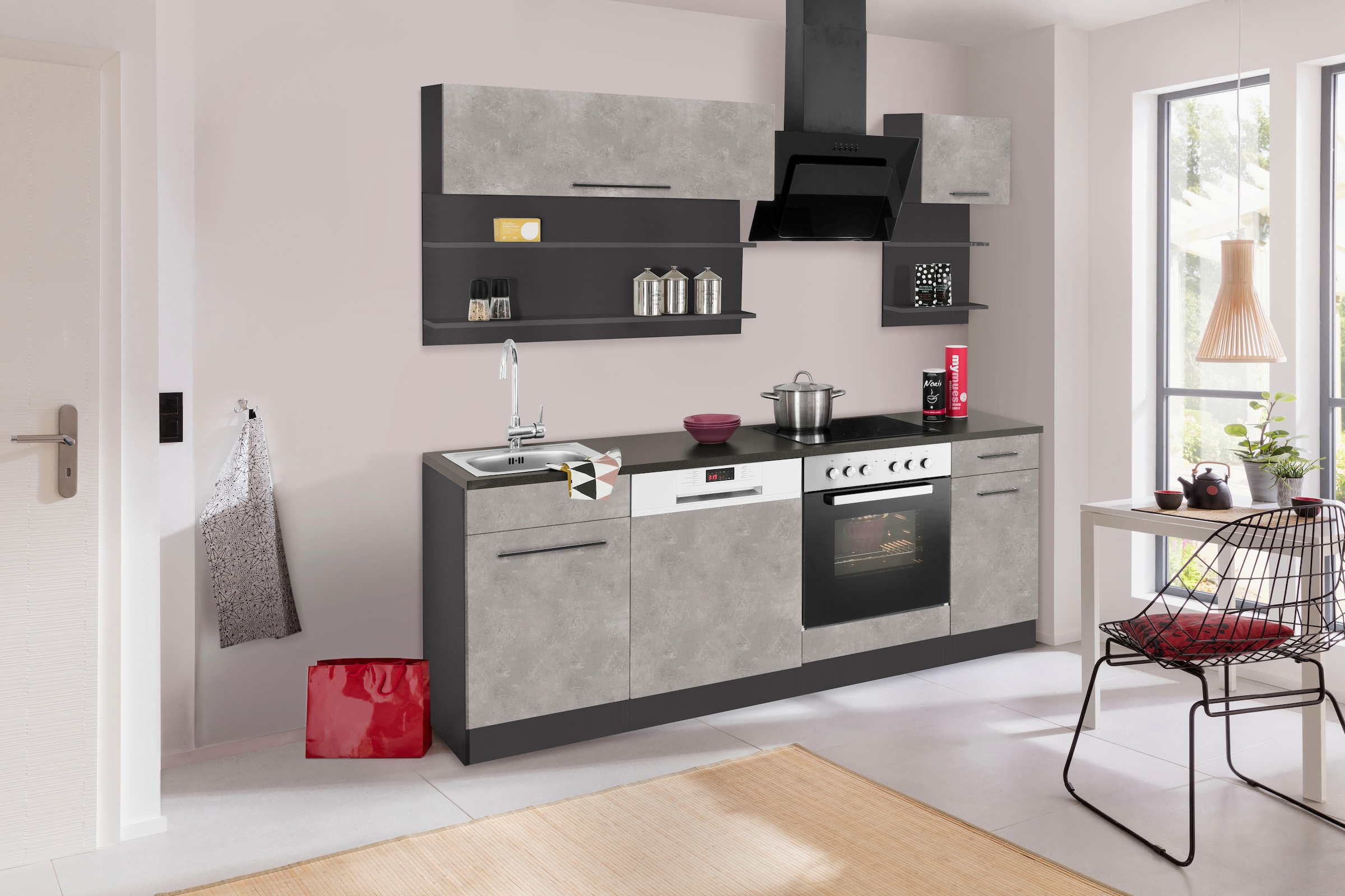 KOCHSTATION Küchenzeile »KS-Tulsa«, mit E-Geräten, Breite 210 cm, schwarze Metallgriffe, MDF Fronten