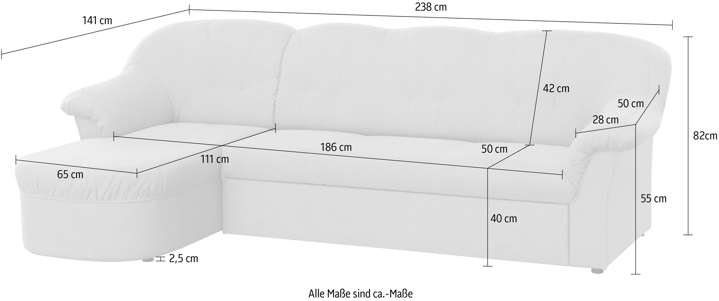 DOMO collection Ecksofa »Pegnitz, elegante Rückensteppung, kompakte Stellmaße 238/141cm, L-Form«, wahlweise mit Bettfunktion