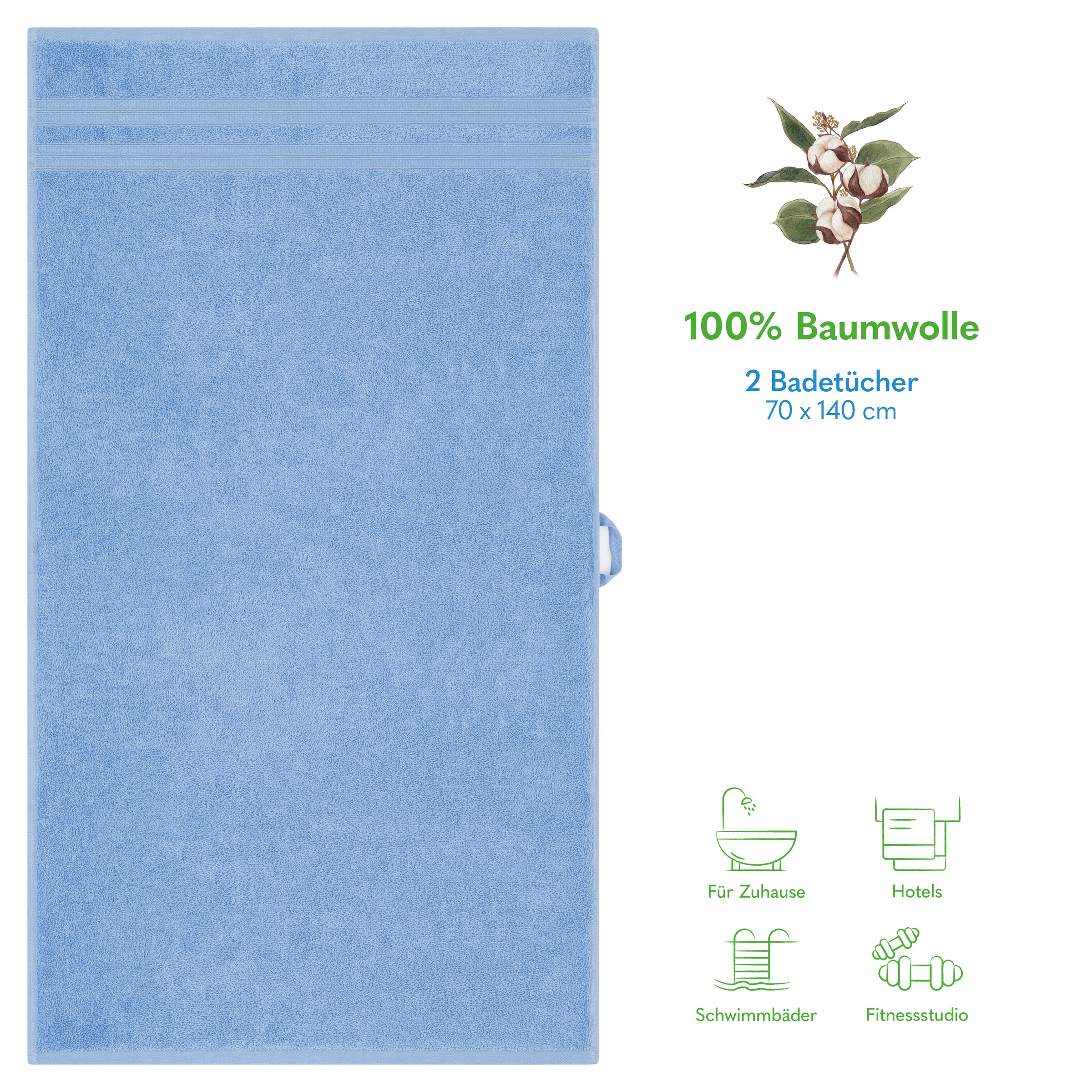 HAMMETEX Duschtuch »2er Set Badetücher 70x140 cm, 100% Baumwolle, Weich & Saugstark«, (Set, 2 St., 2), mit Bordüre, einfarbig, weich
