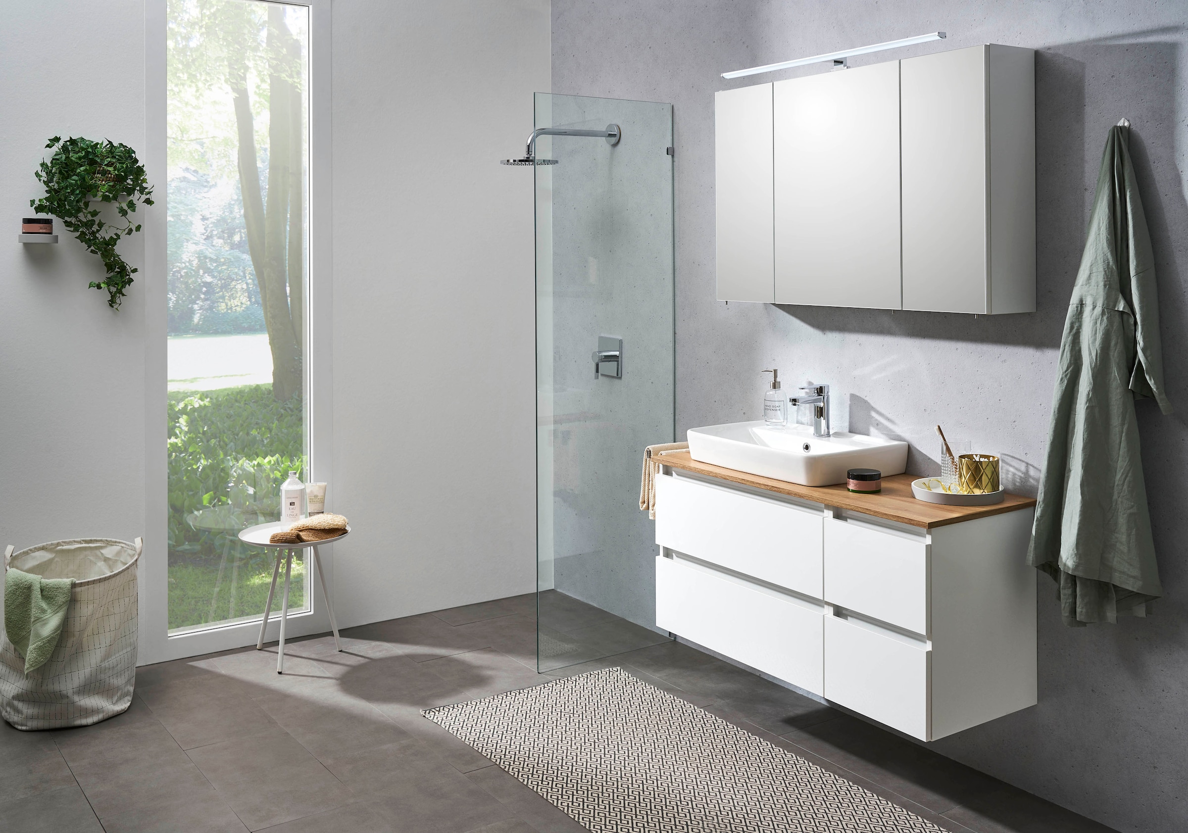 Saphir Badmöbel-Set »Quickset 360 2-teilig, Keramik-Aufsatzbecken mit LED-Spiegelschrank«, (2 St.), Waschtischplatte, 115 cm breit, Weiß Glanz, 3 Türen, 4 Schubladen