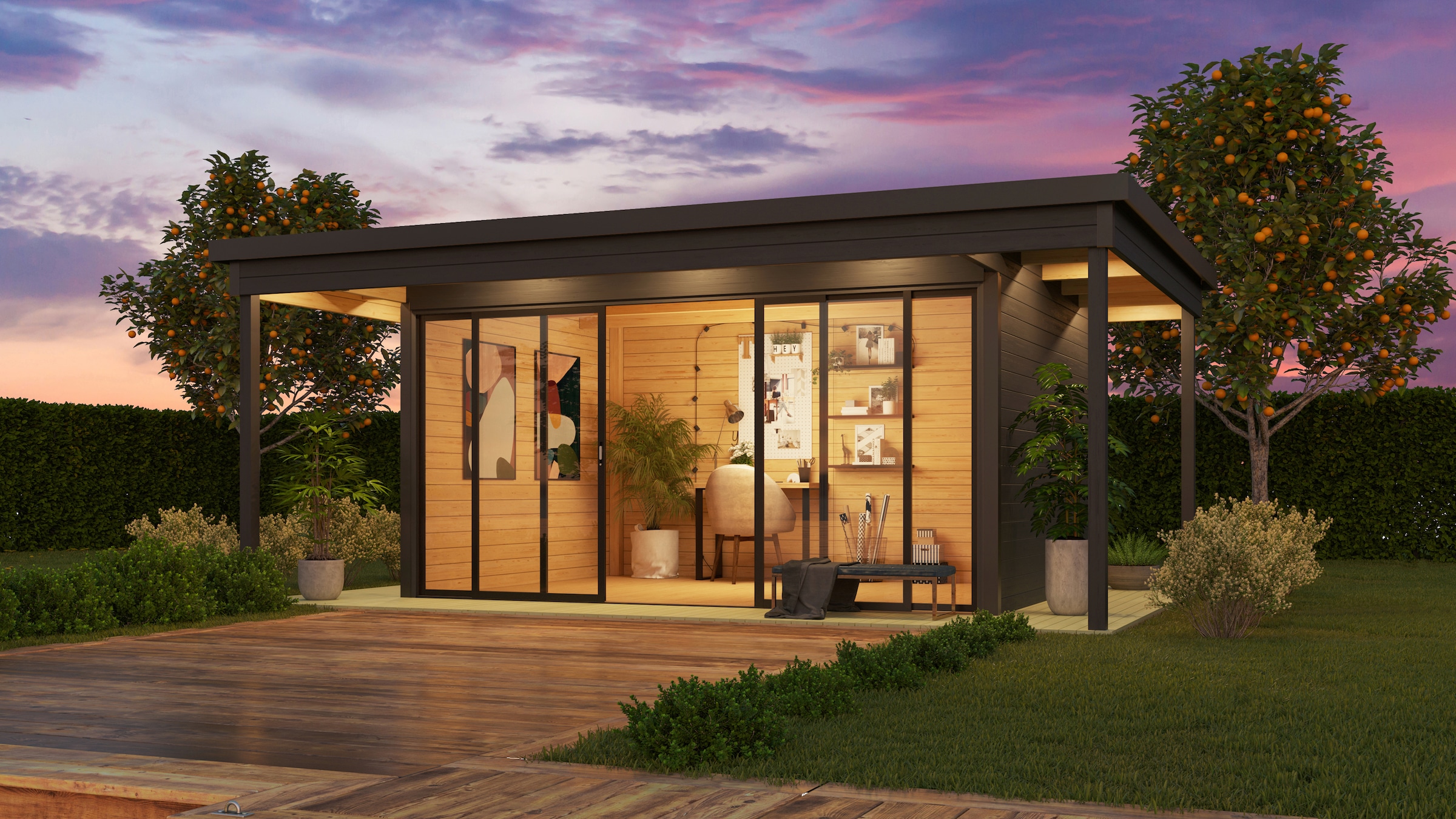 LASITA MAJA Gartenhaus »DOMEO 4 LOGGIA CARBONGRAU/ANTHRAZIT - NEU«, (Set), Fundamentmass 800+4180+800 x 800+3219, Carbongrau