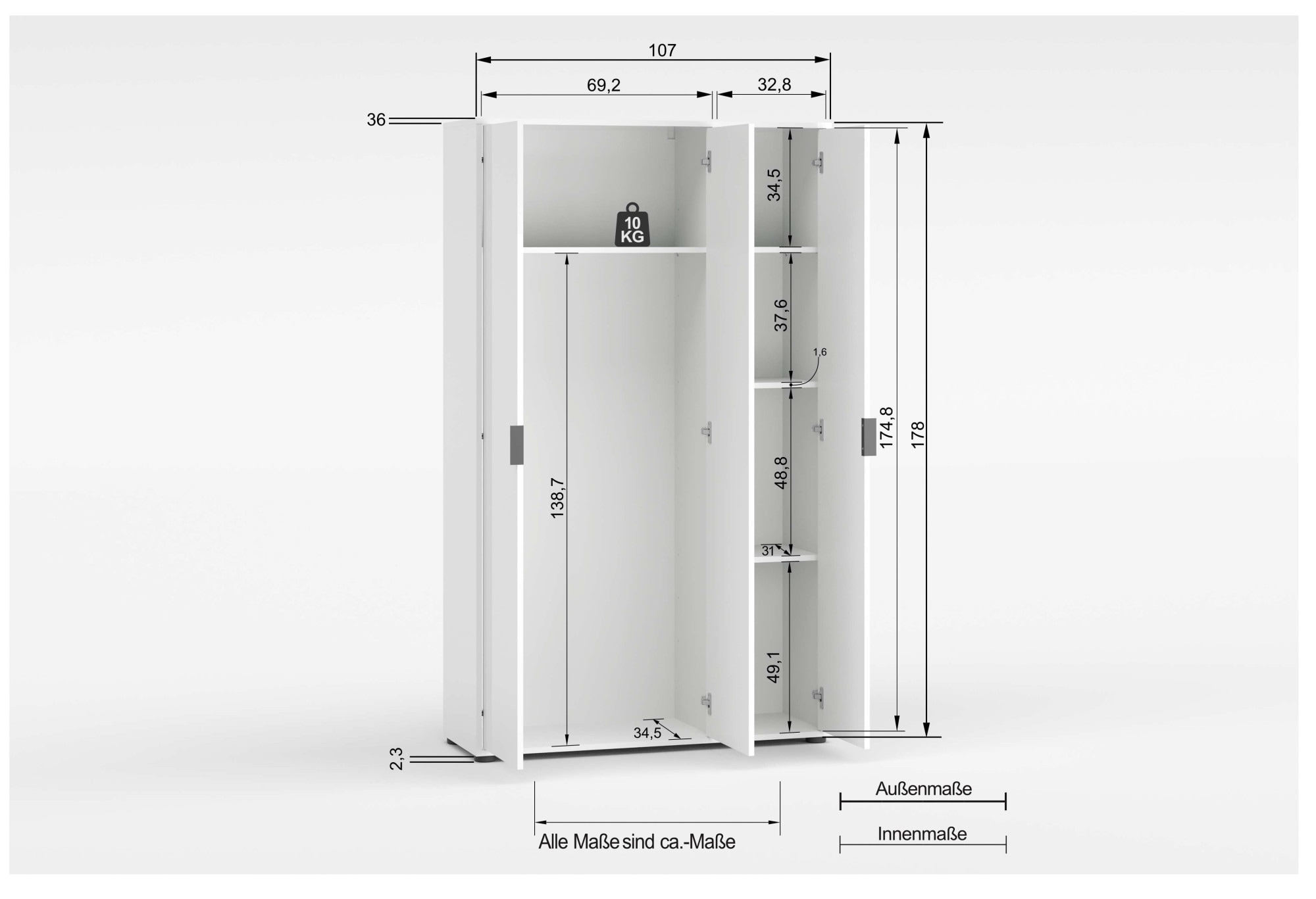 INOSIGN Mehrzweckschrank »Stauraumschrank , Breite 107 cm , Höhe 178 cm« 1 Stk. tlg. 3 Türen,3 kleine ,1 großer Einlegeboden- Schrank hochglanz lackiert