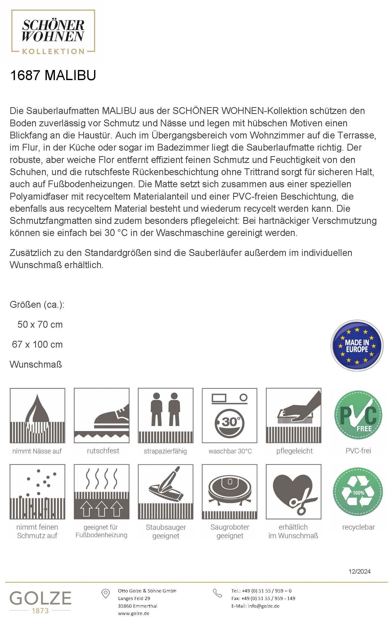 SCHÖNER WOHNEN-Kollektion Fußmatte »Malibu«, rechteckig, 7 mm Höhe, Türmatte, Schmutzfang, In und Outdoor, Sauberlauf, waschbar