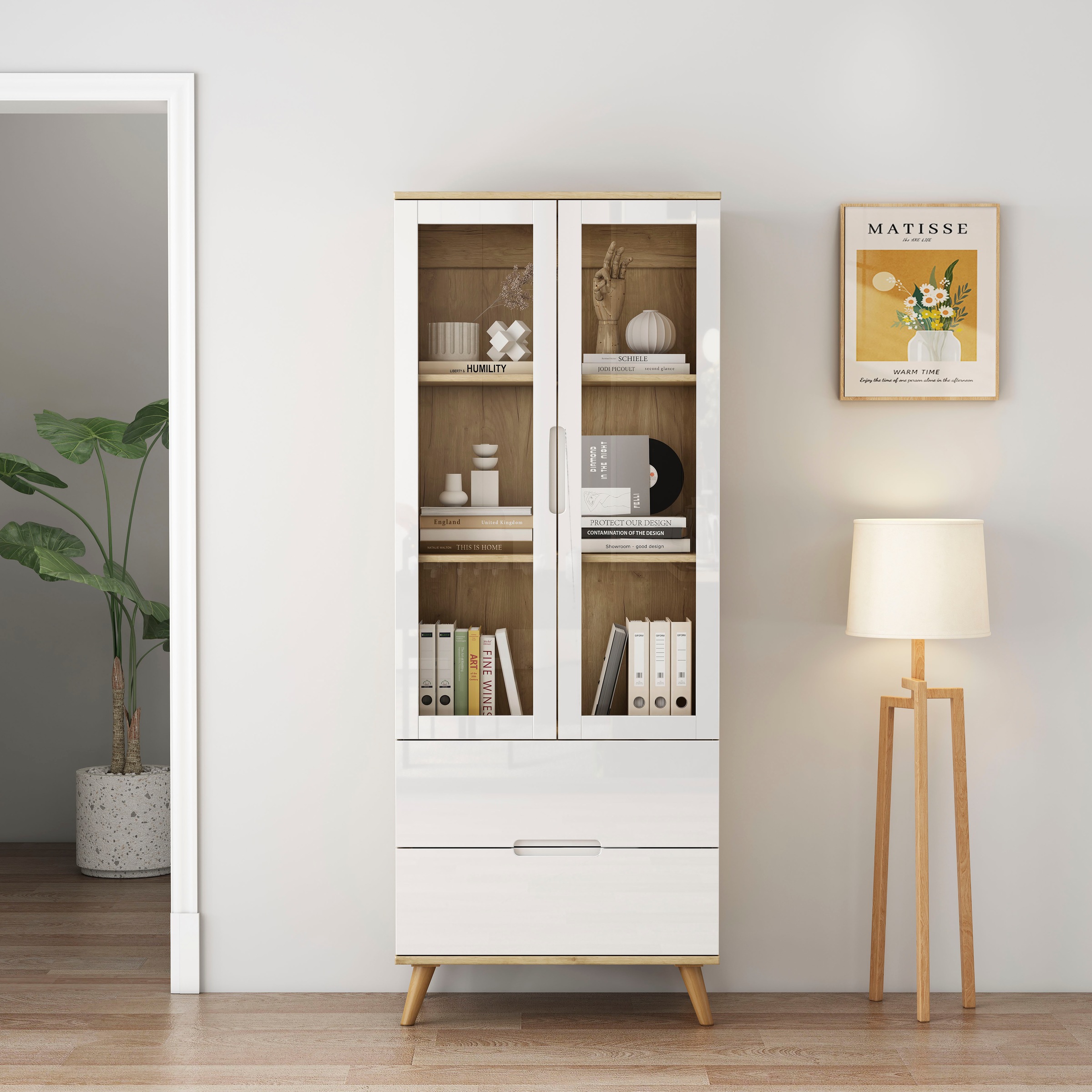 OTTO home Highboard »Lund« mit glänzenden Fronten, Glastüren, helles Holzdekor, Breite 70 cm