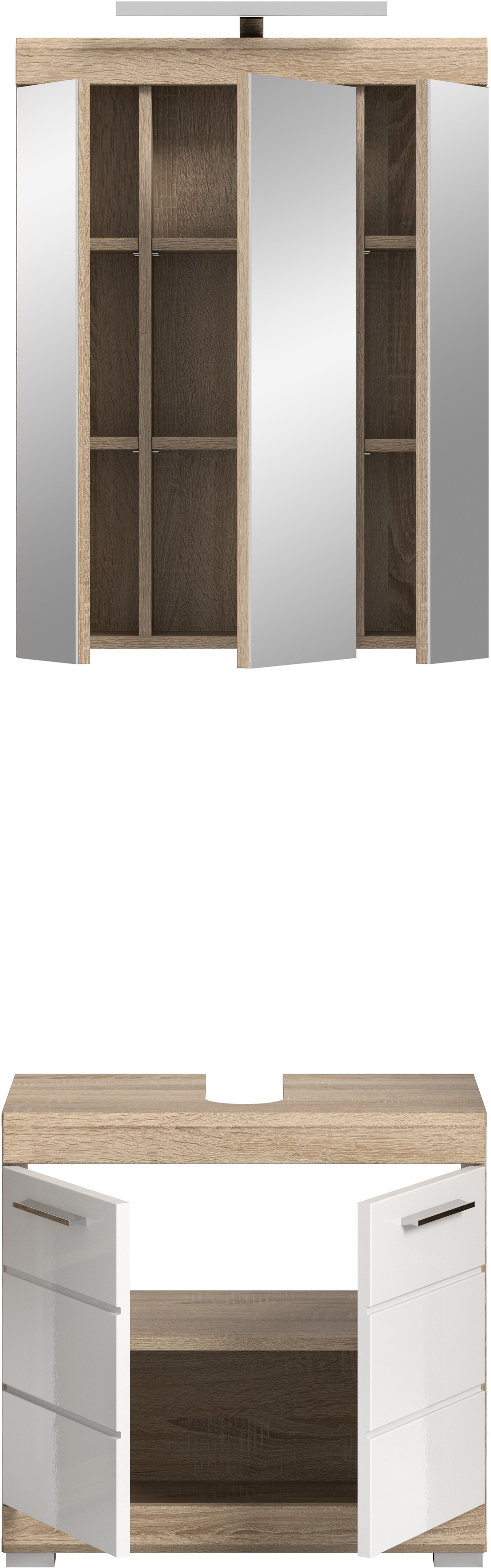 INOSIGN Badmöbel-Set »Siena, 2 teilig, inklusive LED Beleuchtung, bestehend aus:«, (Set), Waschbeckenunterschrank, Spiegelschrank, LED Badaufsatzleuchte
