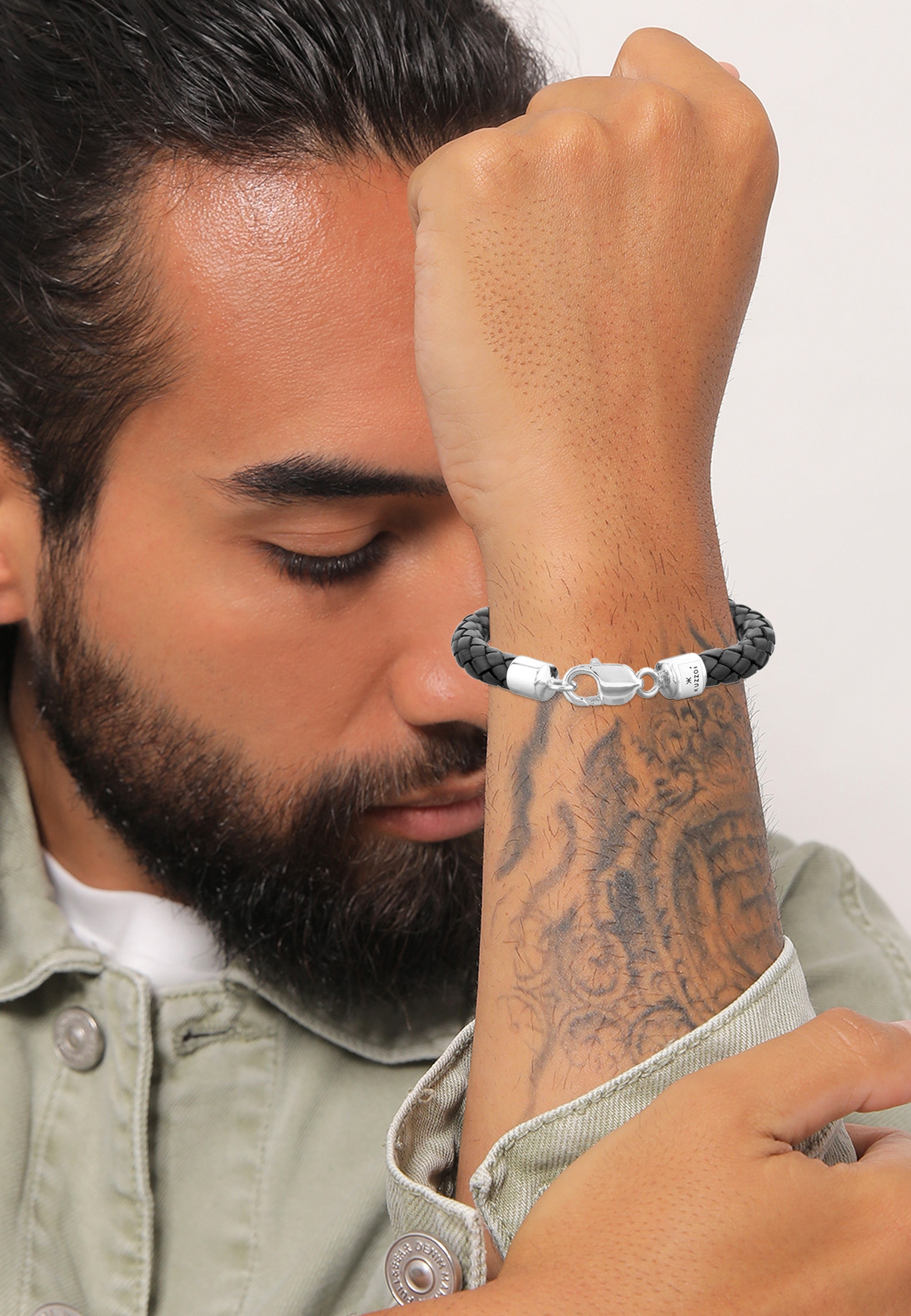 Kuzzoi Armband »Herren Echtleder Geflochten Karabiner 925 Silber«