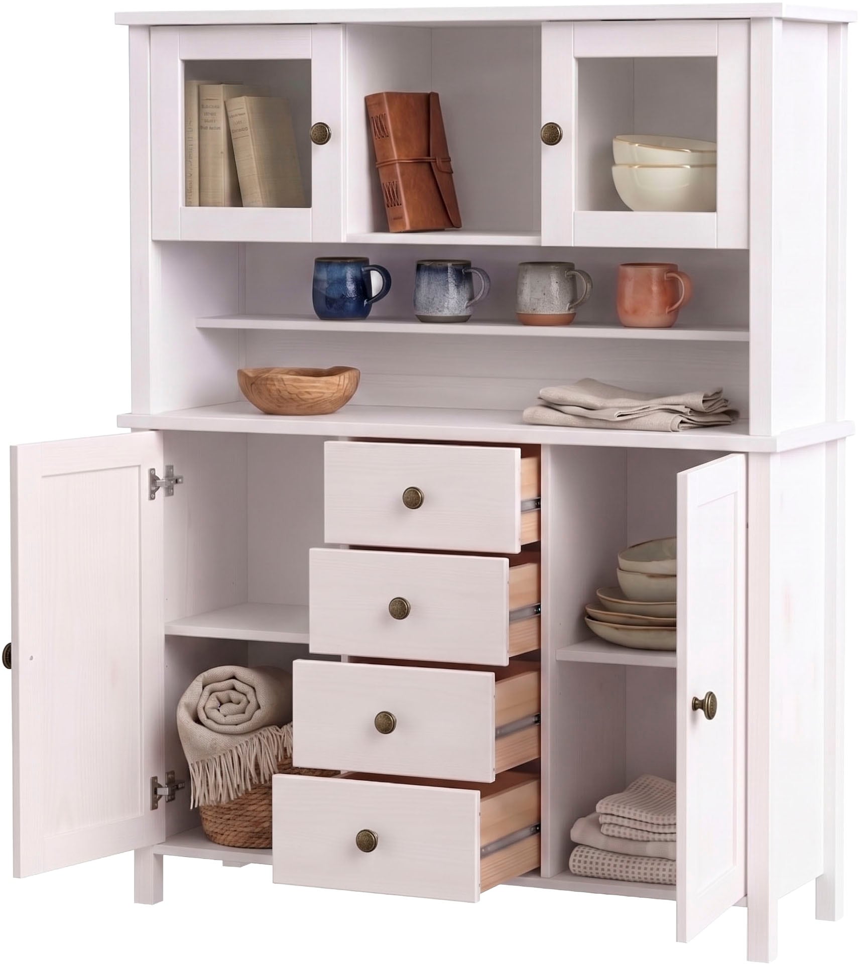 OTTO home Buffet »Mikkeli Küchenbuffet mit 2 Glastüren, Metallgriffe« aus massiver FSC®-zertifizierter Kiefer, moderner Landhausstil
