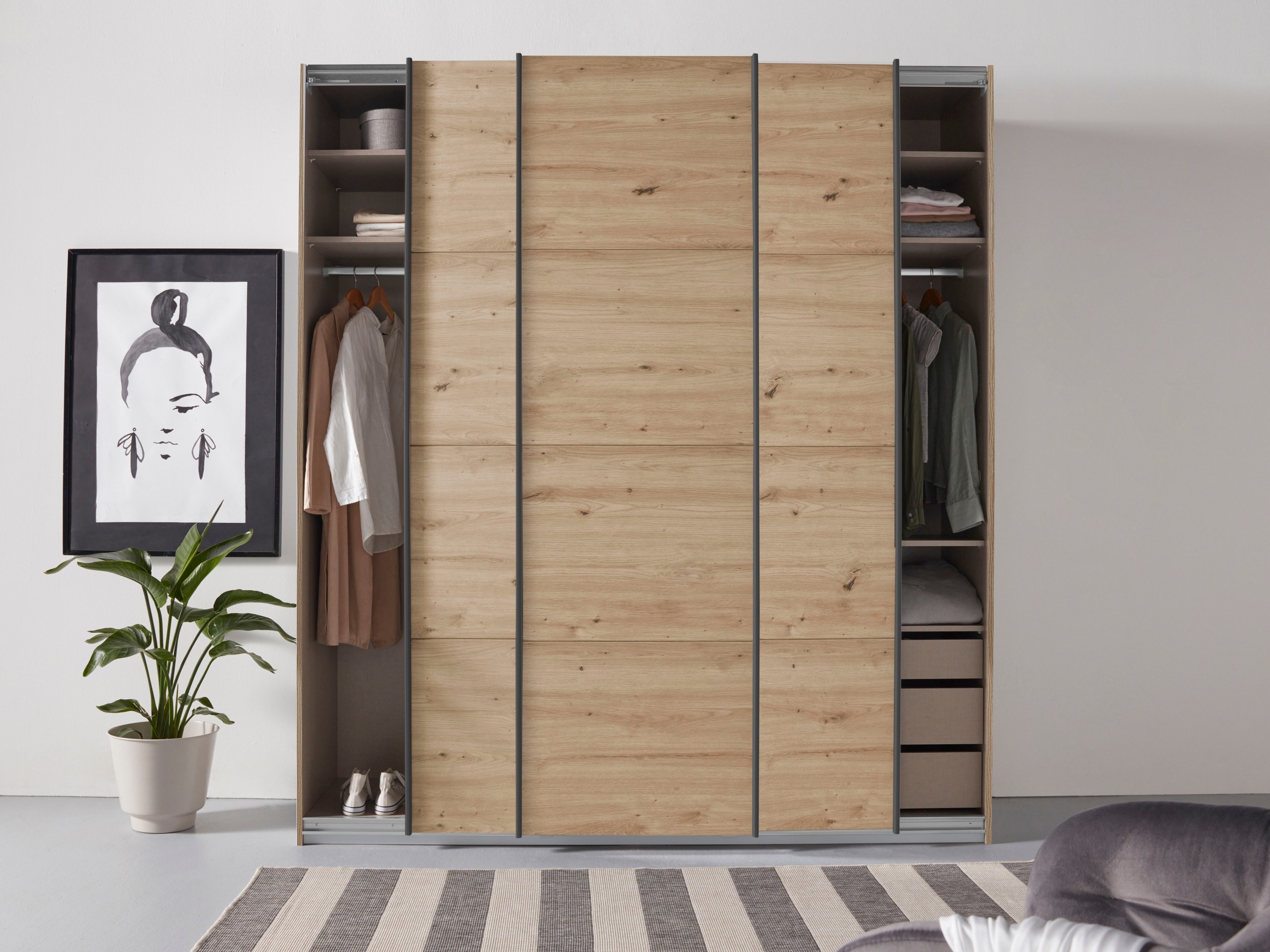 rauch Schwebetürenschrank »Kleiderschrank Schrank Garderobe TOPSELLER OTELI inkl. Inneneinteilung«, mit 3 Innenschubladen sowie zusätzlichen Einlegeböden MADE IN GERMANY