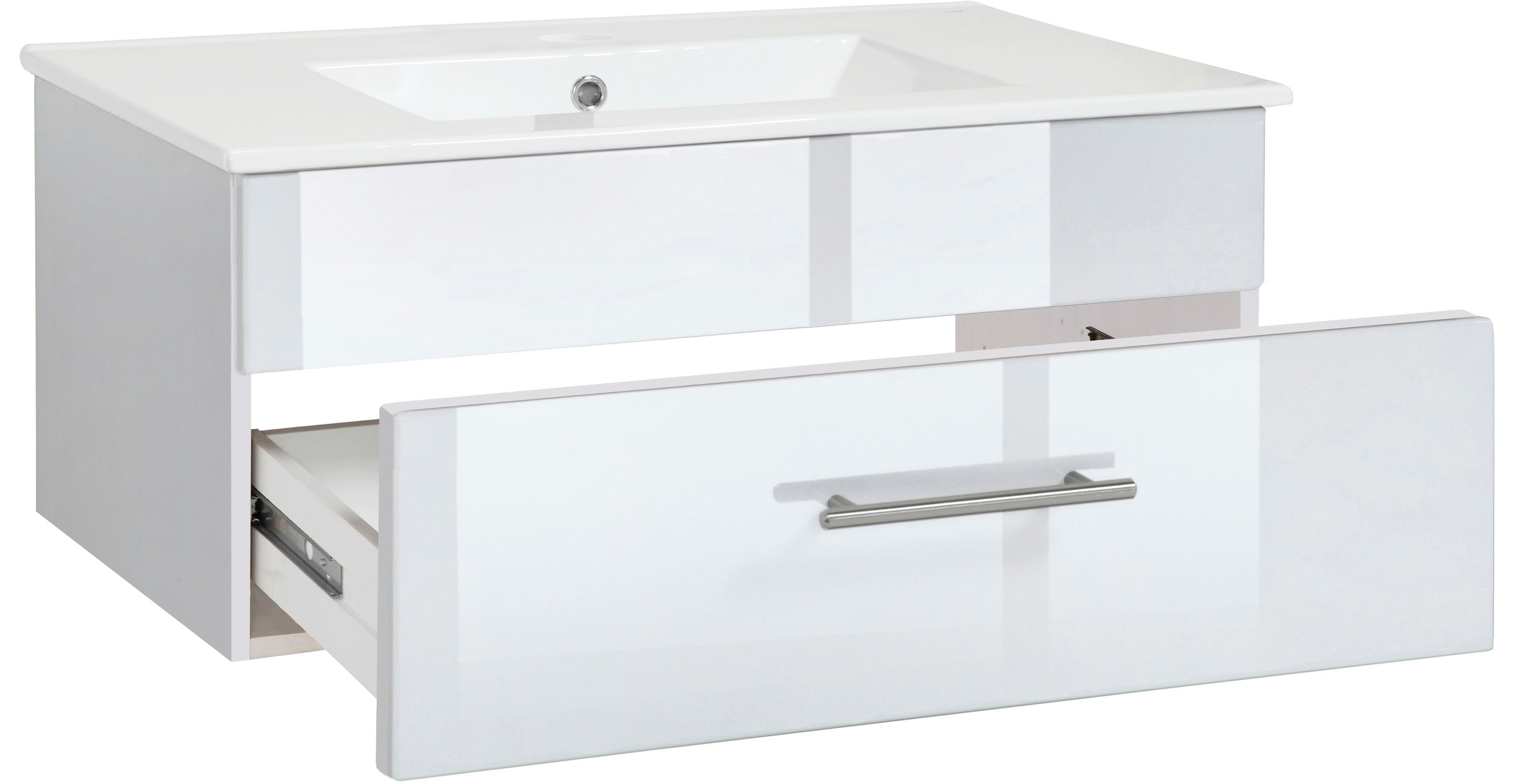 welltime Waschtisch »Trento Light mit Keramik-Auflagebecken«, 1 feste Blende und 1 Auszug, Breite: 101cm, Weiß Hochglanz