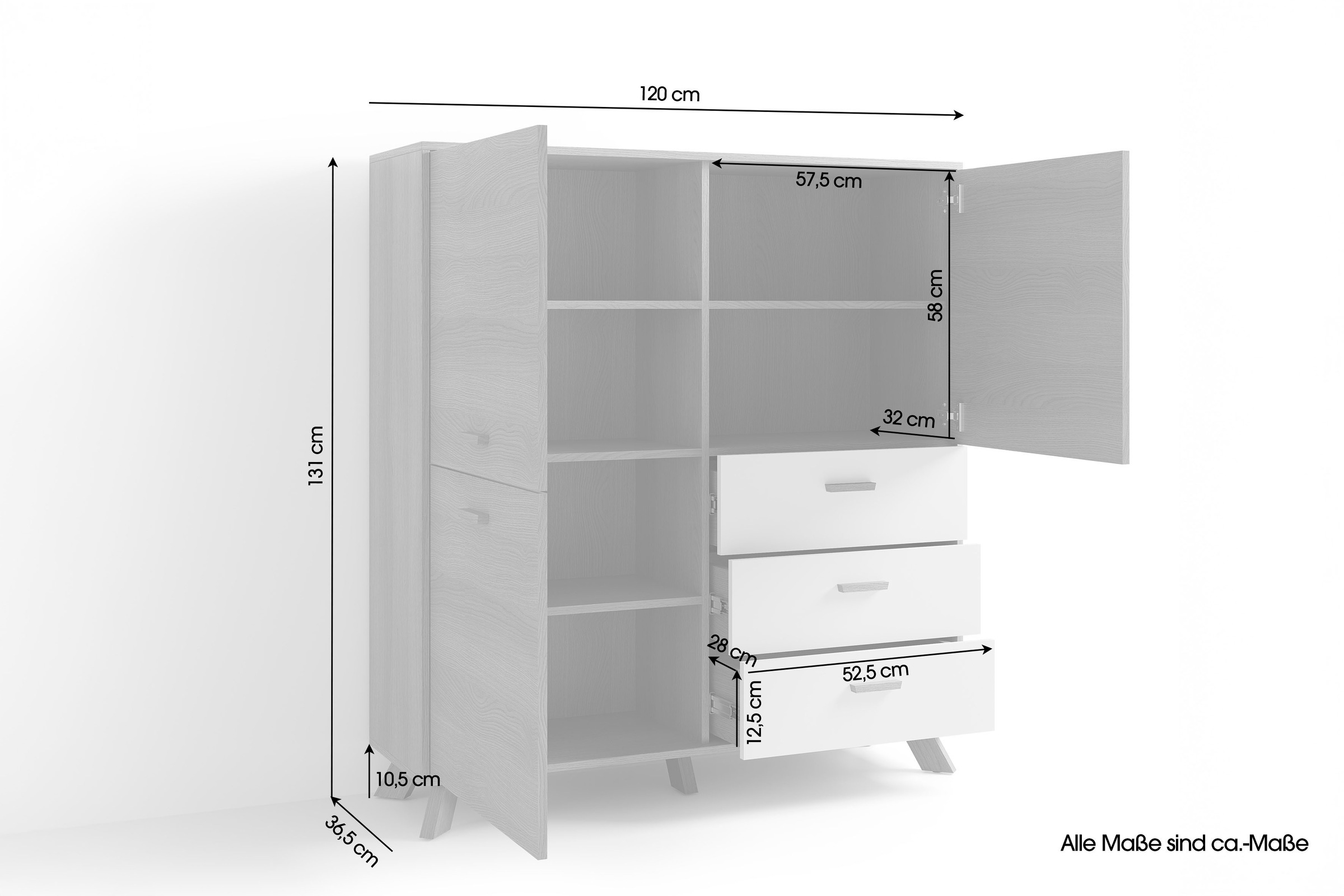 byLIVING Highboard »Bastian« 1 Stk. tlg. mit massiven Holzfüßen und Griffen, natürlicher Eichenlook, 120cm