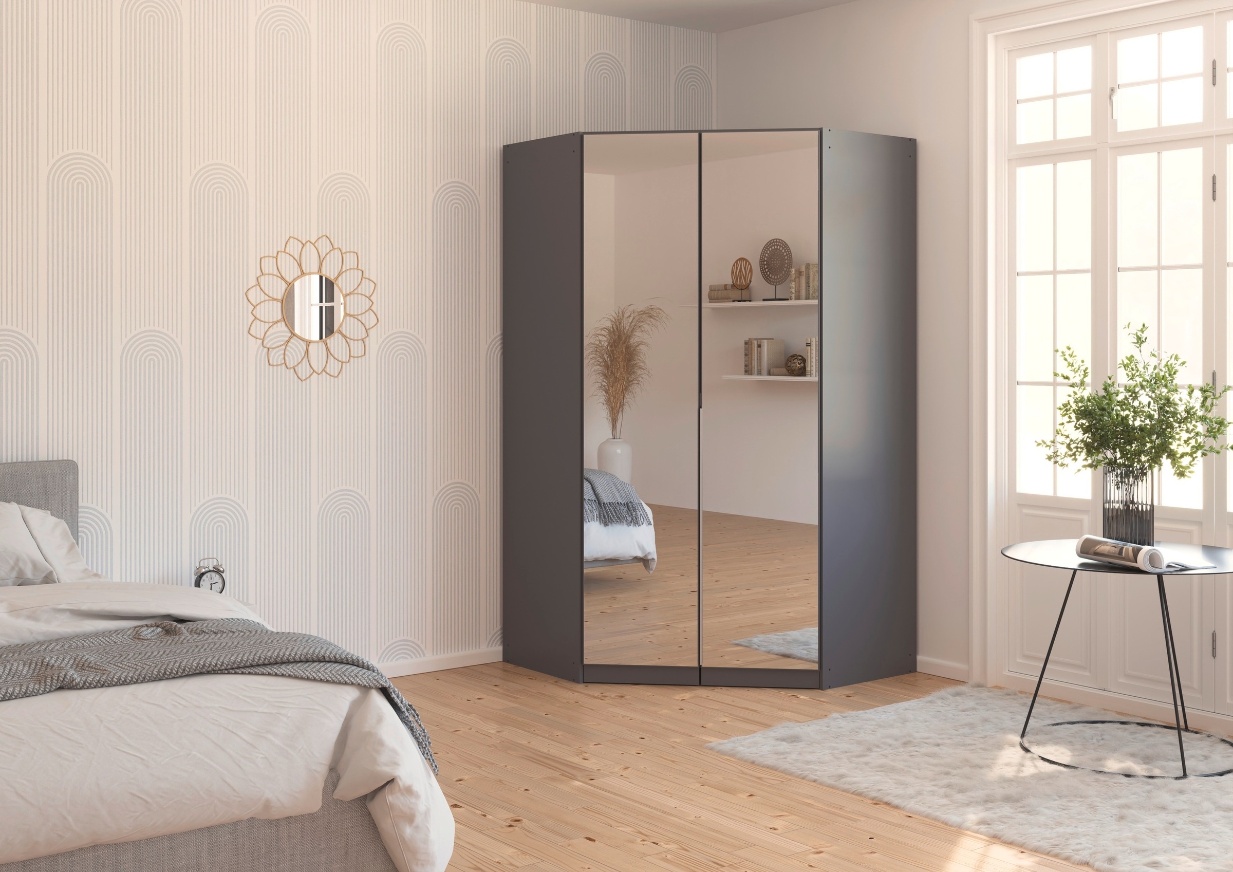 rauch Eckkleiderschrank »Kleiderschrank Schrank Ankleidezimmer Schlafzimmer Garderobe AGORDO«, (in zwei Griff-Farben), mit Spiegeltüren, voll ausgestattet mit viel Stauraum MADE IN GERMANY