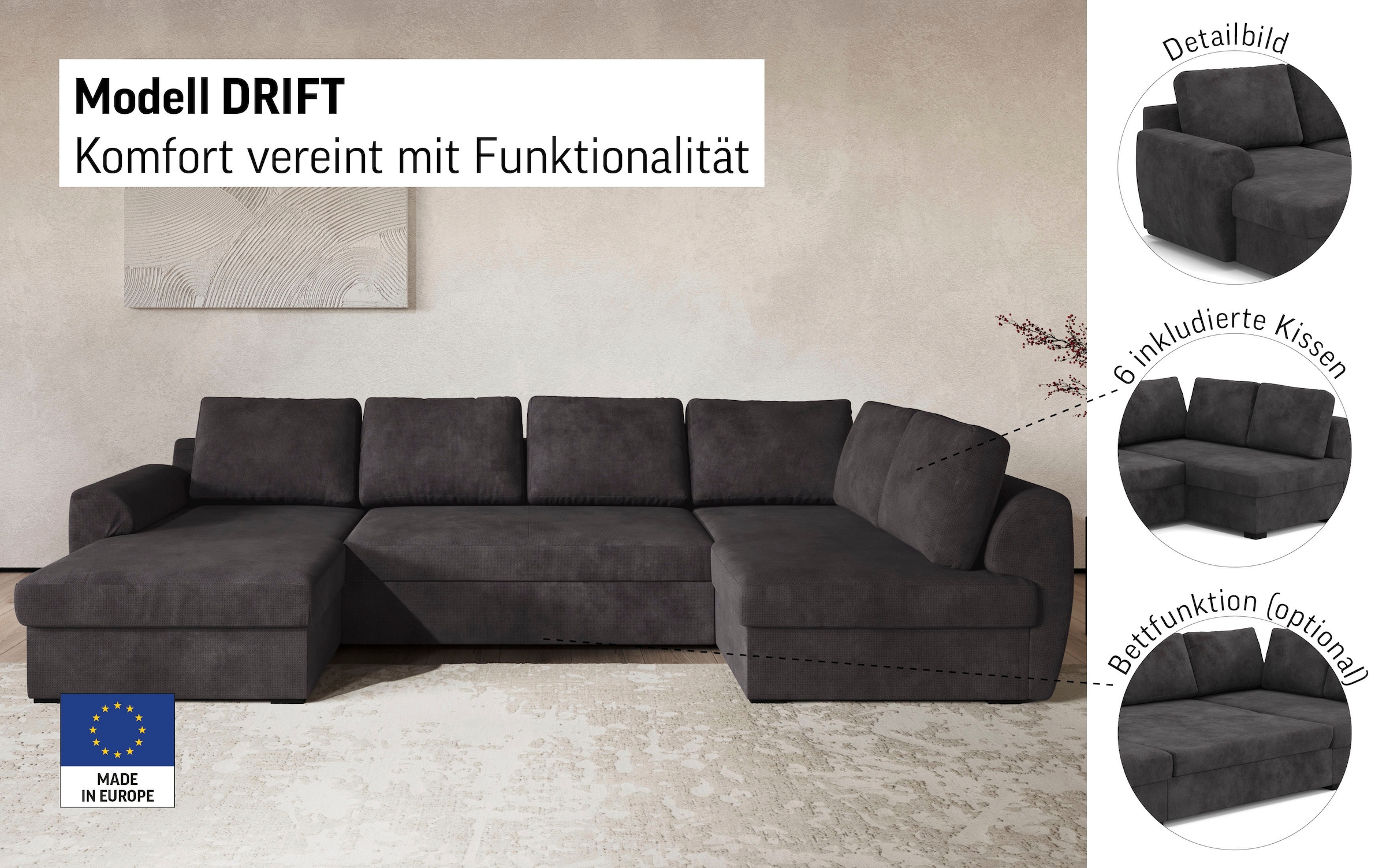 COTTA Wohnlandschaft »Drift U-Form« optional auch mit Schlaffunktion, Wellenunterfederung