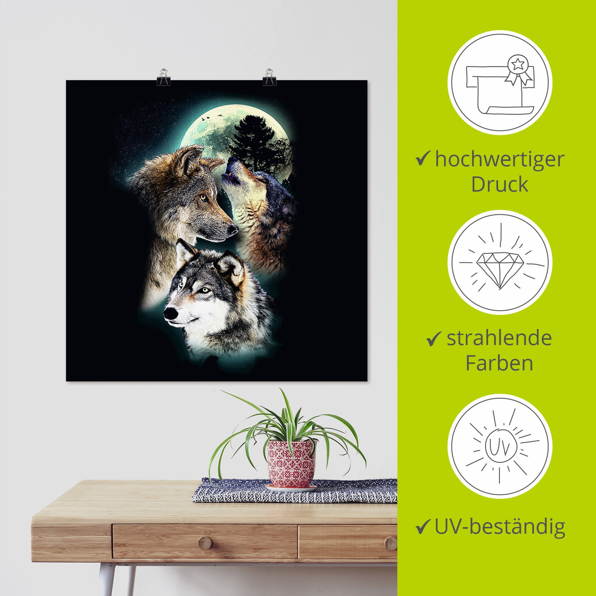 Artland Wandbild »Phantasie Wolf Wölfe mit Mond«, Wildtiere, (1 St.), als Leinwandbild, Poster, Wandaufkleber in verschied. Größen