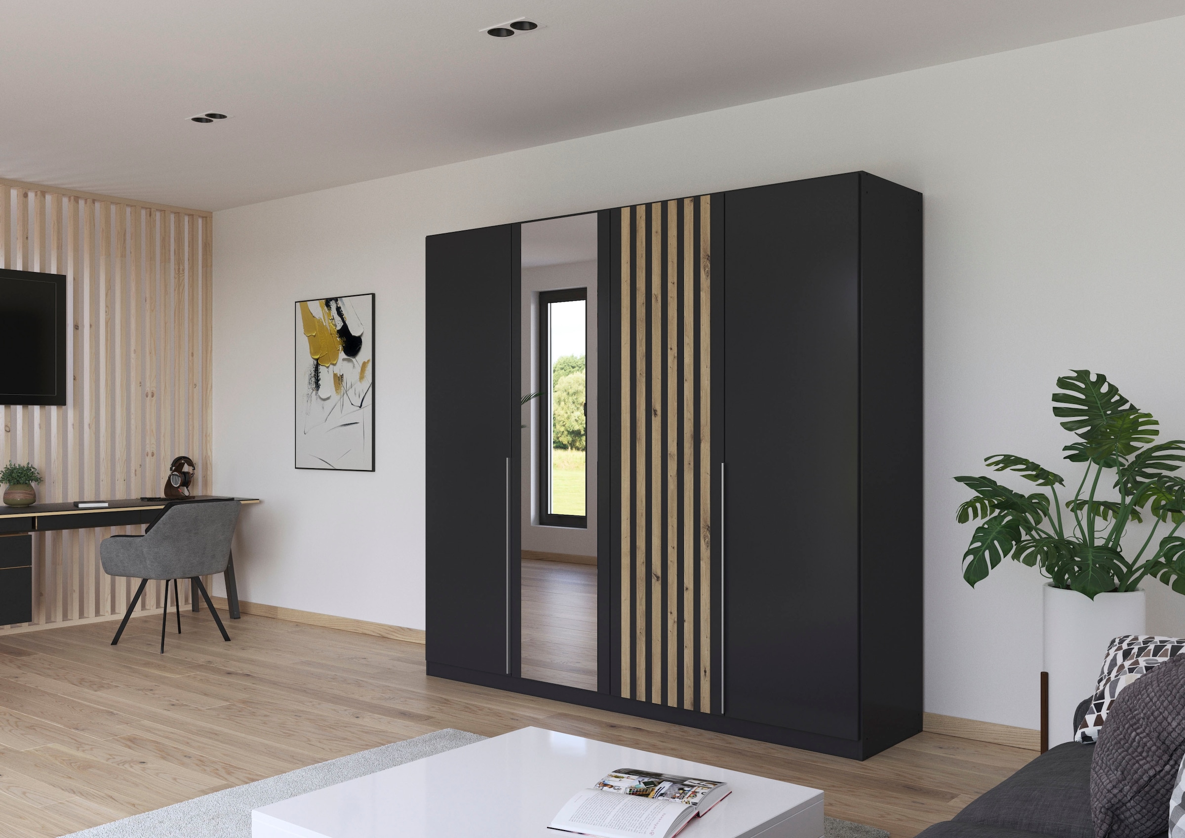 rauch Drehtürenschrank »Kleiderschrank Schrank Garderobe Garderobenschrank LAMELLA«, elegante Lamellen-Auflage in 3D Akustikpaneel Optik MADE IN GERMANY