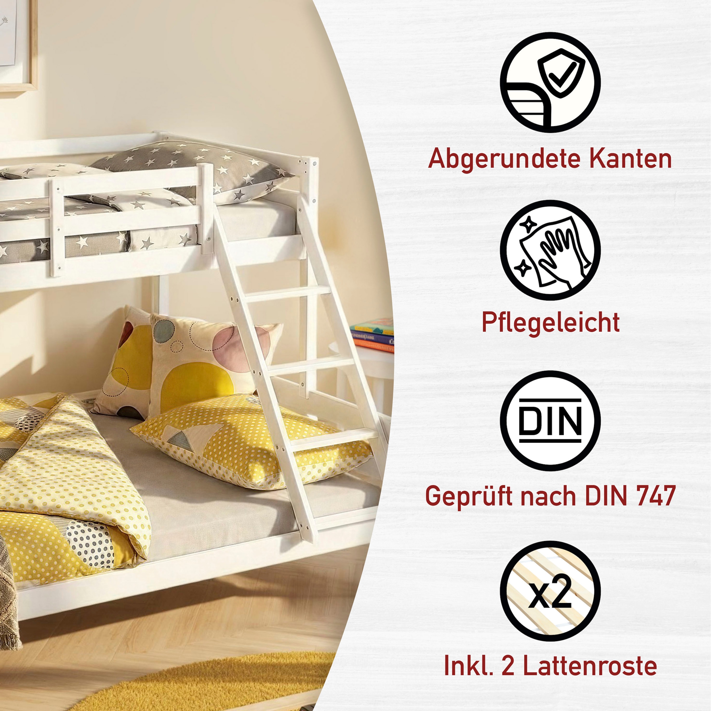 Inter Link Etagenbett »Sleepy Cloud, 90/140x200, Kiefer Massivholz, Weiss lackiert« 1 Stk. tlg. Inkl. 2 Lattenroste, Leiter kann rechts oder links montiert werden