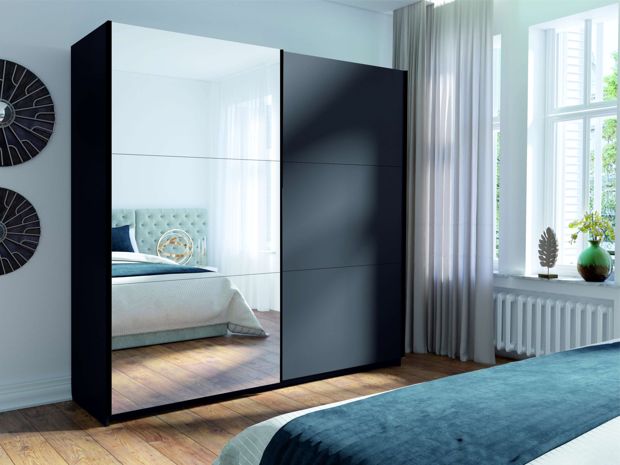 INOSIGN Kleiderschrank »Kleiderschrank Fresno mit 5 Einlegeböden, Spiegel und Kleiderstange«, Garderobe mit 2 Schwebetüren, B/H/T 200/207/62 cm