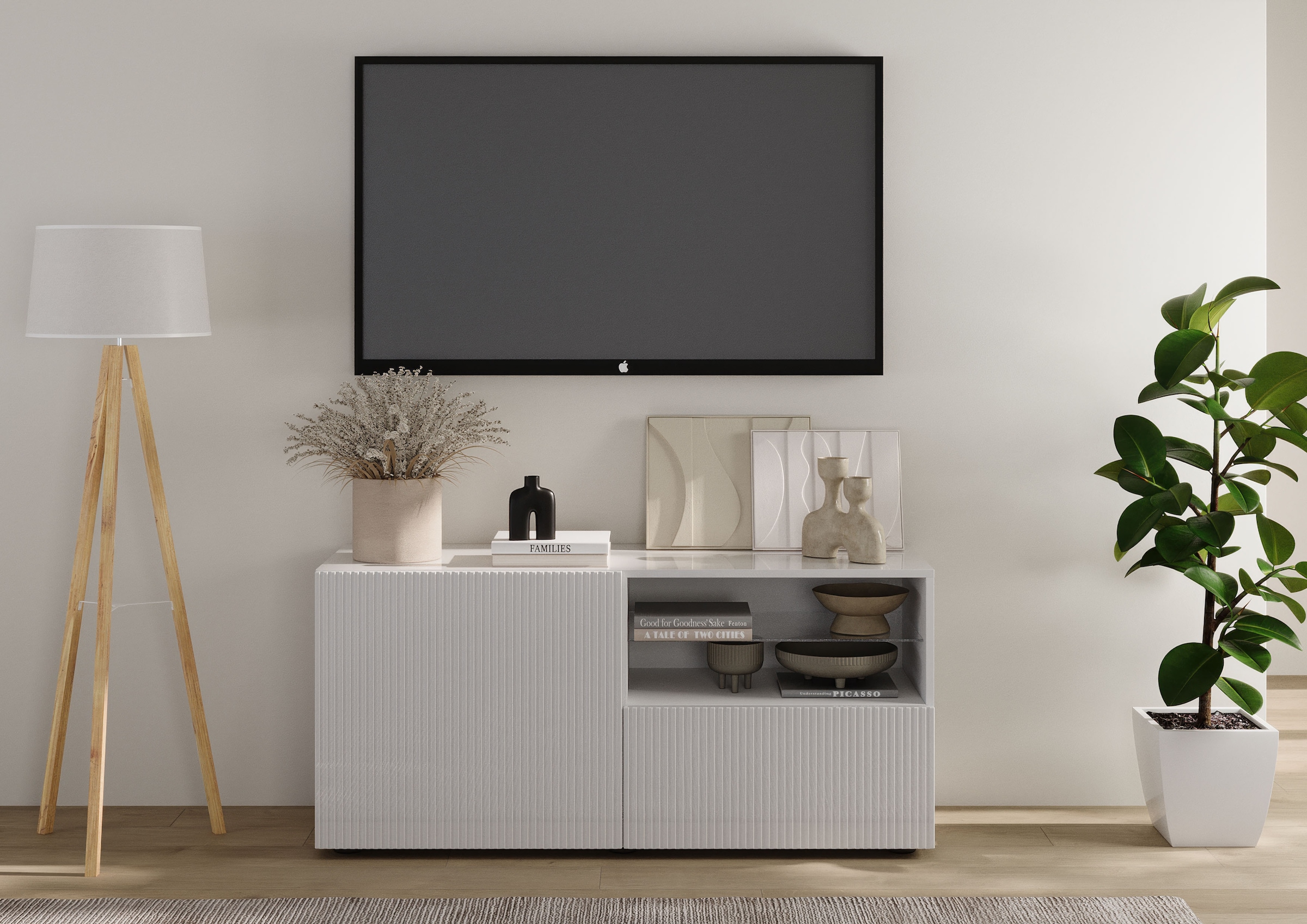 INOSIGN Lowboard »Rio Breite 120 cm, TV-Board 1 Tür u. 1 Schubkasten, TV-Schrank«, geriffelte Front, modern u. elegant, für kleine Räume