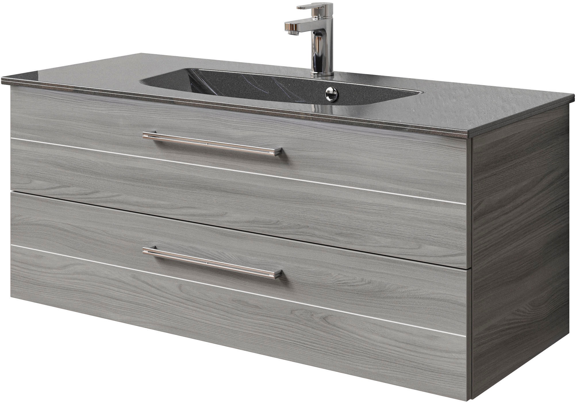 Saphir Badmöbel-Set »Serie 6025 2-teilig Mineralmarmor-Waschtisch mit LED-Spiegelschrank«, (2 St.), Waschplatz 117cm breit, 2 Schubladen, 3 Spiegel-Türen, inkl Türdämpfer