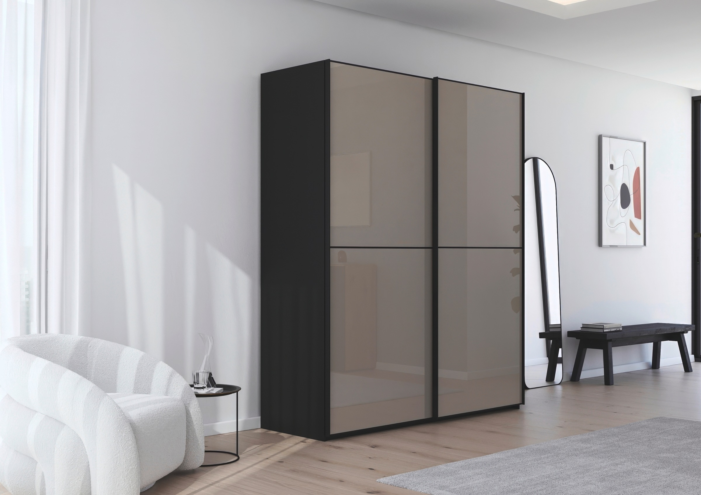 rauch Schwebetürenschrank »Kleiderschrank Schrank Garderobe Schlafzimmerschrank SCALE-DUO«, edle zweigeteilte Türen Glas-Front mit 3 Zierleisten MADE IN GERMANY