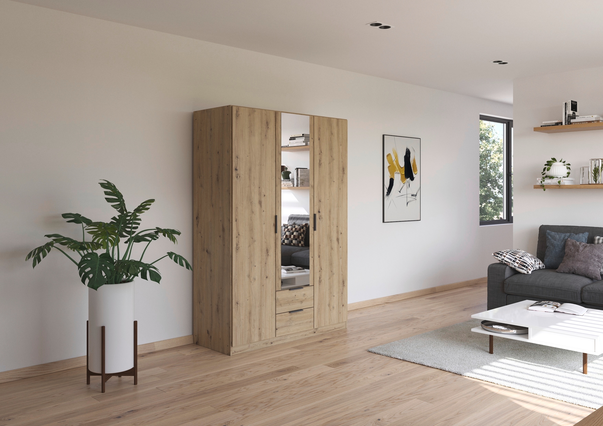 rauch Kleiderschrank »Drehtürenschrank Schrank Garderobe Ankleide Schlafzimmer LAGOA« 3 verschiedene Ausstattungen BASIC/CLASSIC/PREMIUM (inkl. SOFT-CLOSE),  geräumige Schubladen, 3 Breiten, optional mit Aufsatz MADE IN GERMANY