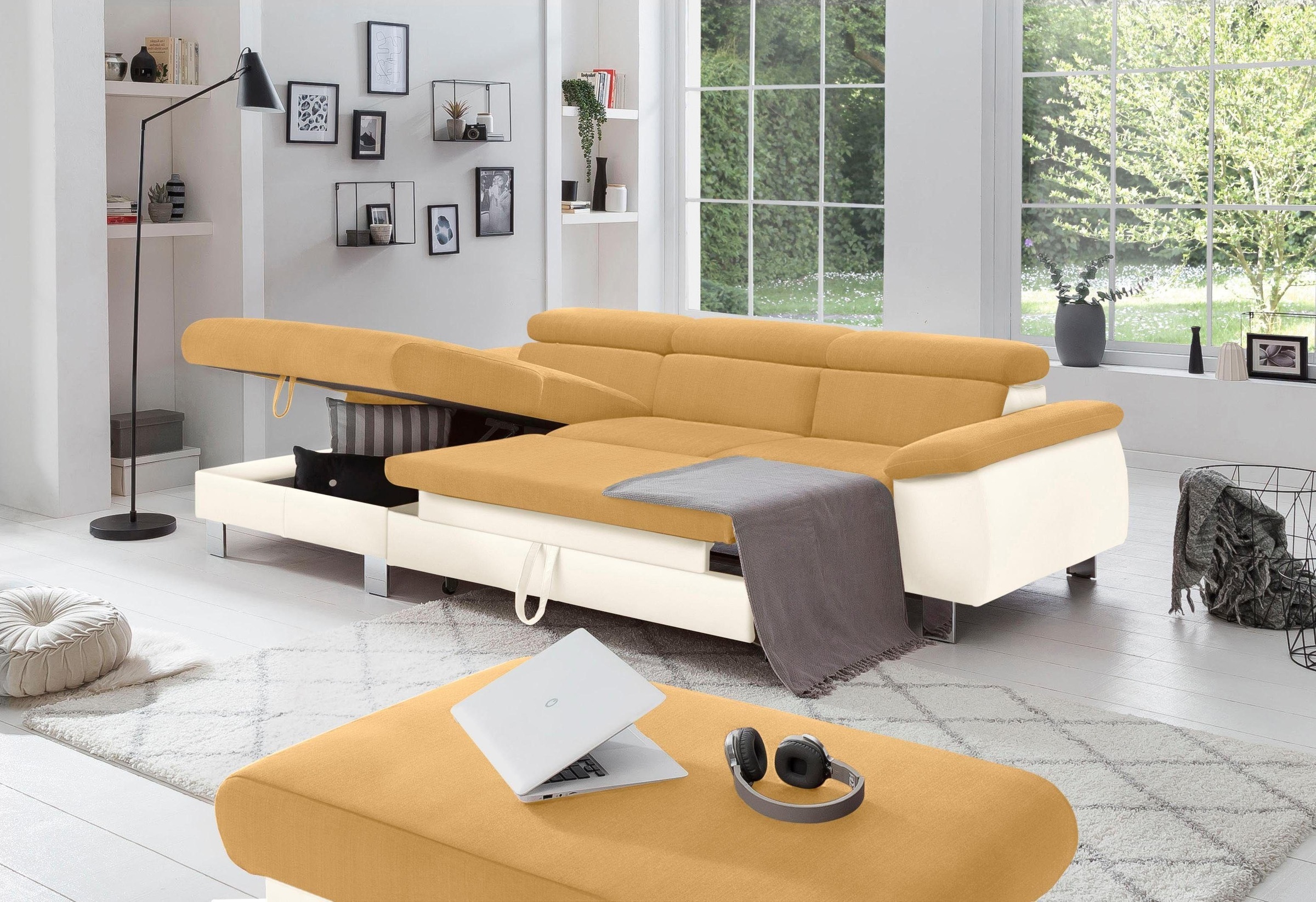 COTTA Polstergarnitur »Komaris L-Form«, (Set), Set bestehend aus: Ecksofa mit Kopfteilverstellung & Hocker