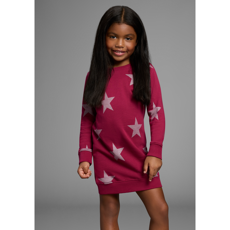 KIDSWORLD Sweatkleid »Sterne-Allover Kleid für kleine Mädchen« Sweatkleid mit Glitzerdruck bordeaux 92/98 - N-Gr N-Gr 92/98 Sterne-Bedrucktes...