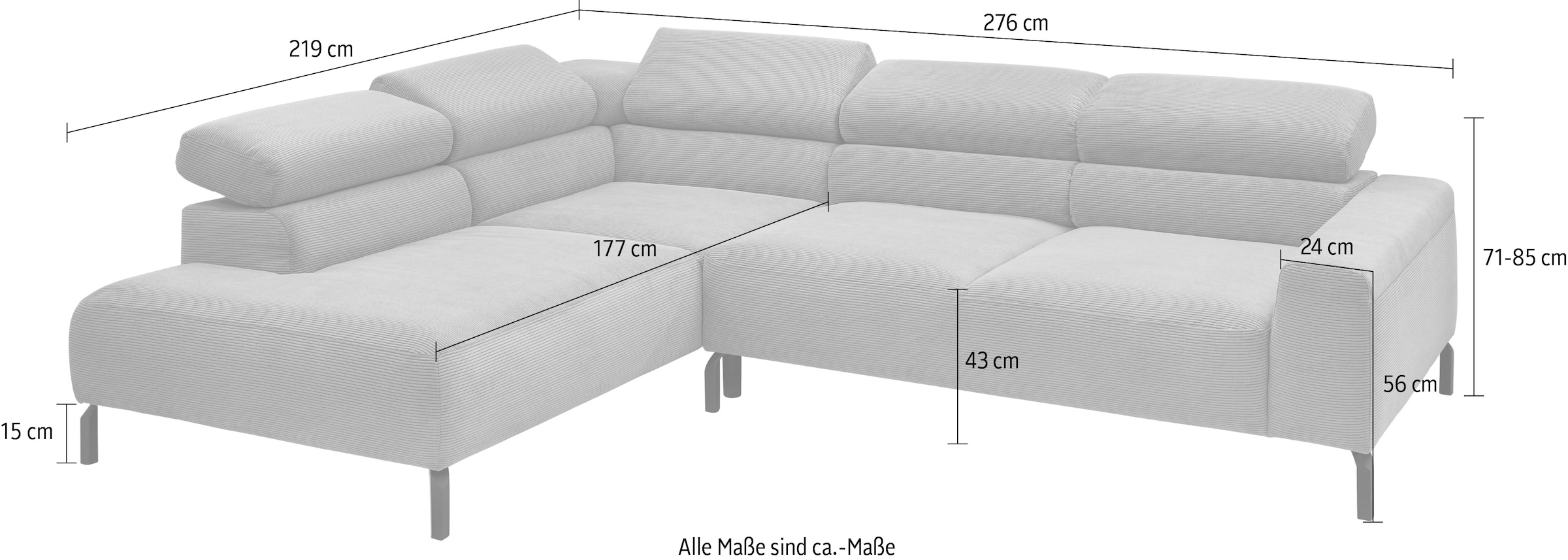 Places of Style Ecksofa »Antonelli, L-Form, inkl. Kopfteilverstellung, Breite 276 cm«, ohne Sitztiefenverstellung, in Cord, taupe