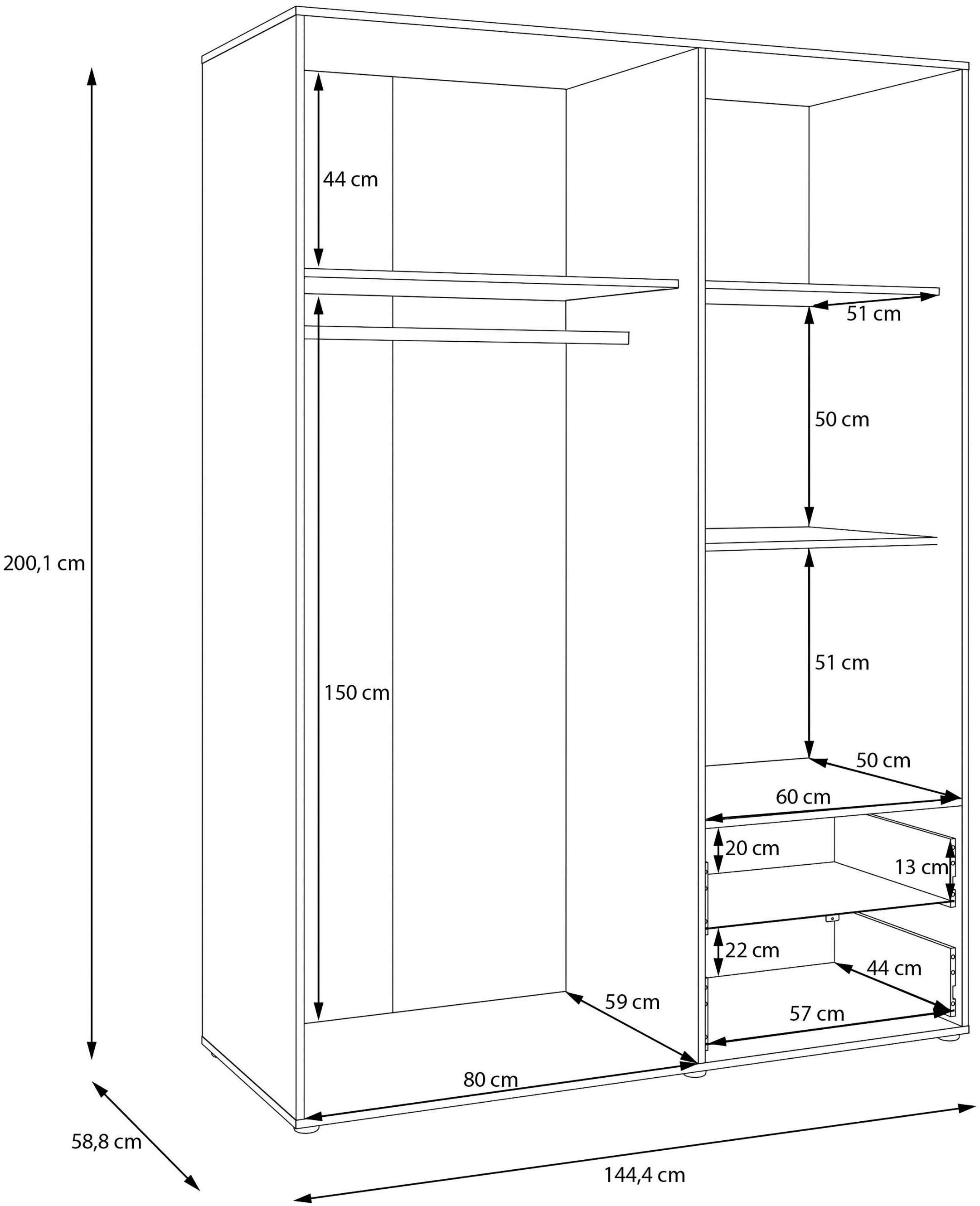 FORTE Kleiderschrank »Mokkaris ,Topseller, zeitloses Design, 3–4 Türen, Made in Europe« B/H/T ca. 145x200x59cm oder 206x200x59cm,  Schubladen + schwarze Stangengriffe, Made in Europe, viel Stauraum