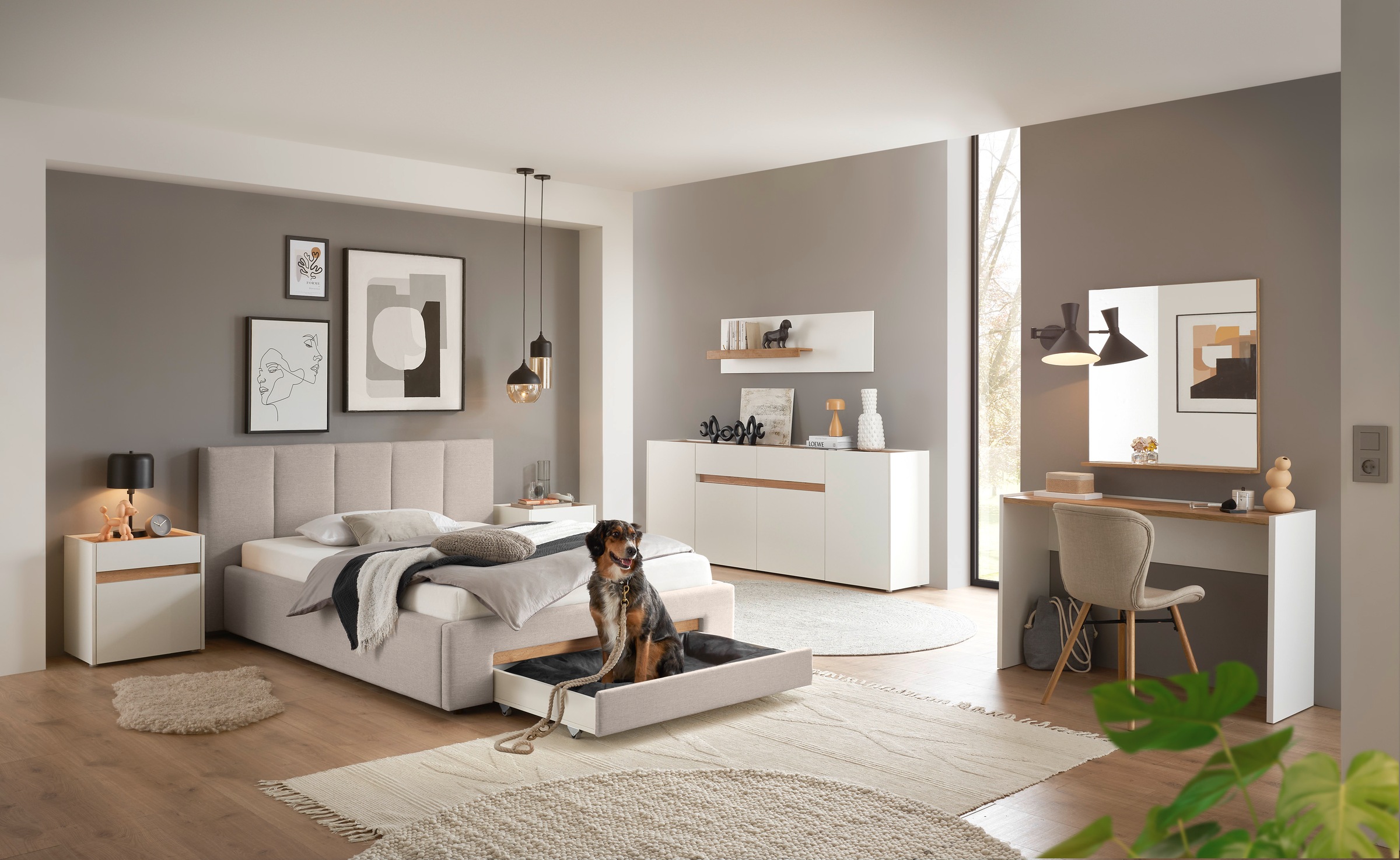 INOSIGN Polsterbett »CiTY/GiRON, Bettgestell mit Bettkasten, gepolstertes Stauraumbett«, mit Hundebett oder Stauraumschublade, Bezug Cord-oder Leinenoptik