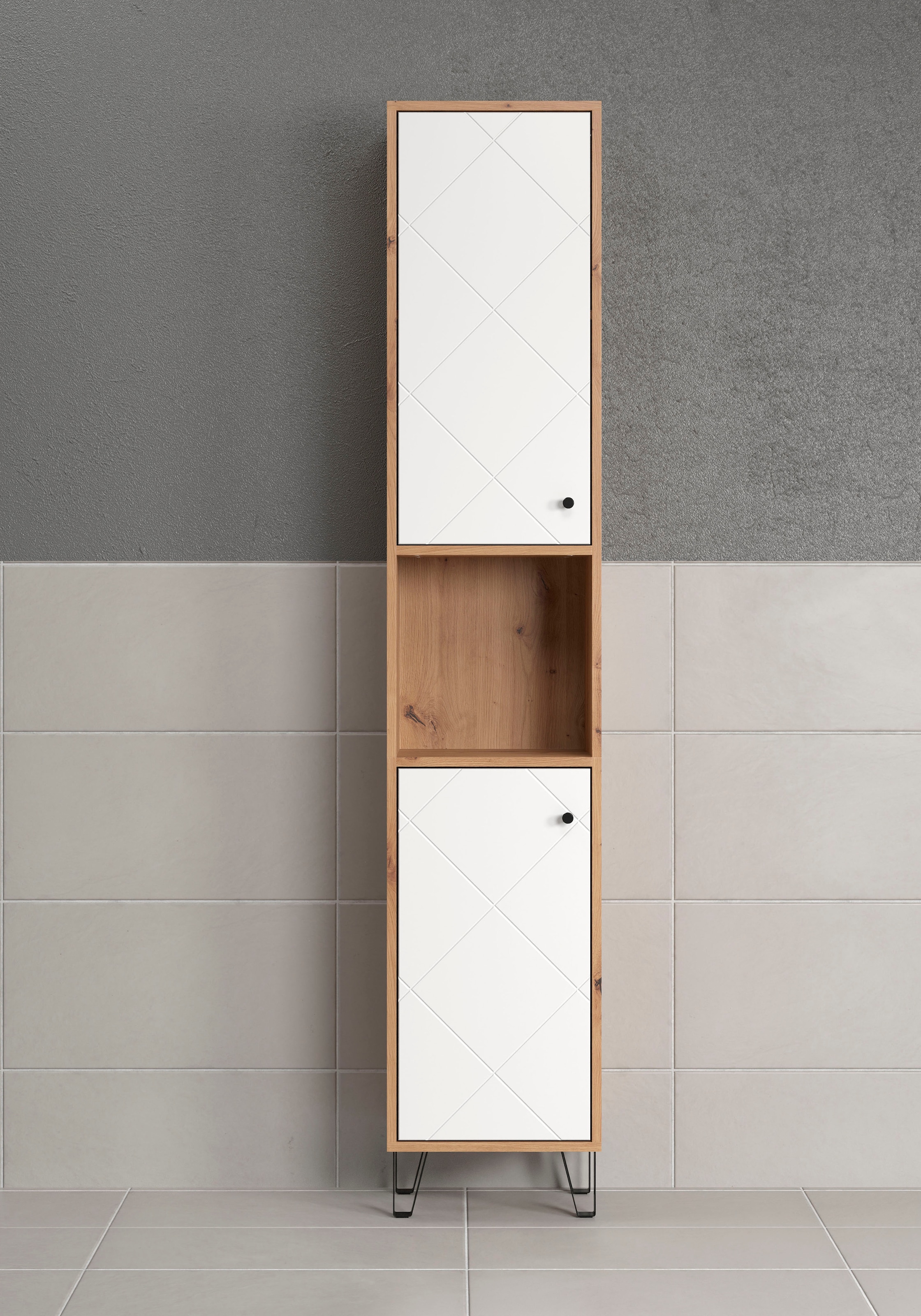 Places of Style Hochschrank »Tarragona«, (1 St.), Breite 36 cm, 2 Türen, Retro Metallfüße, matt, braune Holzoptik / weiß