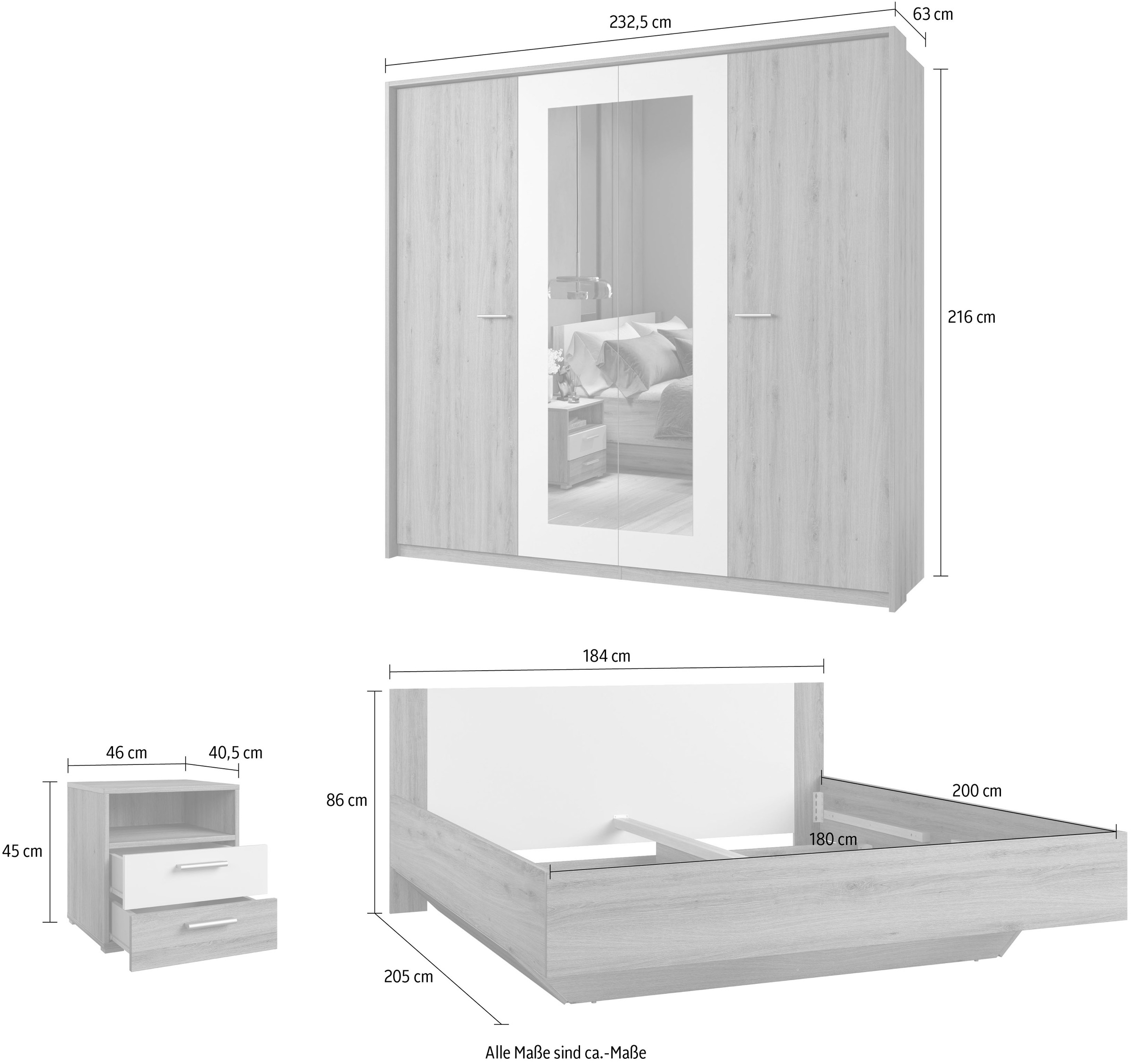 Home affaire Schlafzimmer-Set »Bitry,Set 4-St(Bett 180 cm, 2xNako, Drehtürenschrank)«, Komplettschlafzimmer, viel Stauraum, fühlbare Struktur, Holzoptik
