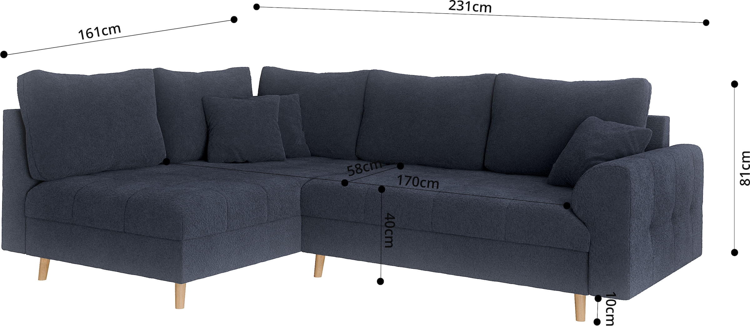 Home affaire Ecksofa »CHARRE L-Form mit Ottomane, Maße B/T/H: 231/161/81 cm«, feine Steppung, lose Rücken- und Zierkissen, auch in Cord und Bouclé