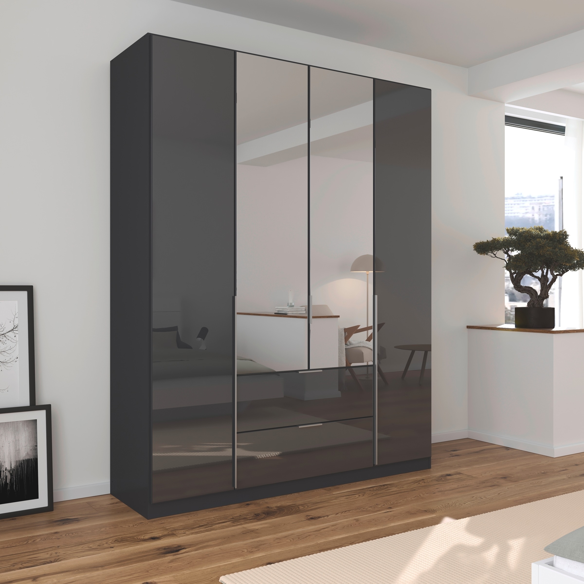 rauch Drehtürenschrank »Kleiderschrank Kleiderschränke Schrank Garderobe AGORDO mit Glasfront«, (in zwei Griff-Farben, Breiten 91-360 cm), mit Außenschubkästen, in 7 Breiten und 2 Höhen MADE IN GERMANY
