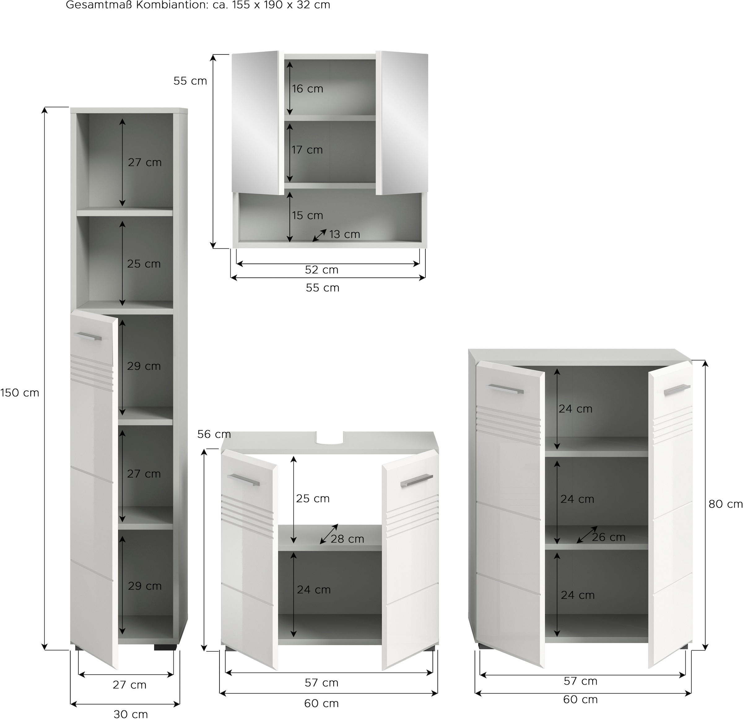 welltime Badmöbel-Set »Calicio, bestehend aus: Hochschrank, Waschbeckenunterschrank,«, (4 St.), Spiegelschrank, Midischrank, hochwertige MDF Front mit Rillenfräsung