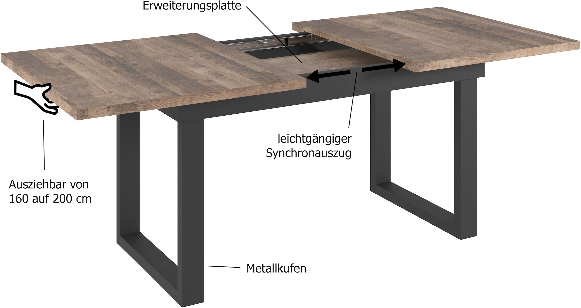 INOSIGN Esstisch »Valencia«, Synchroauszug; Metallkufen, ausziehbar auf 200 cm